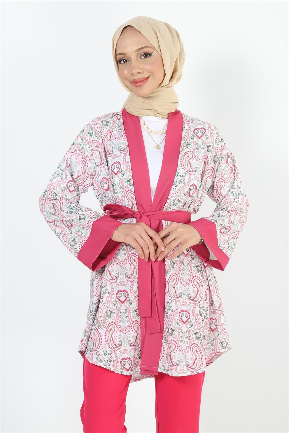 2121_Desenli Beli Kuşaklı Kimono