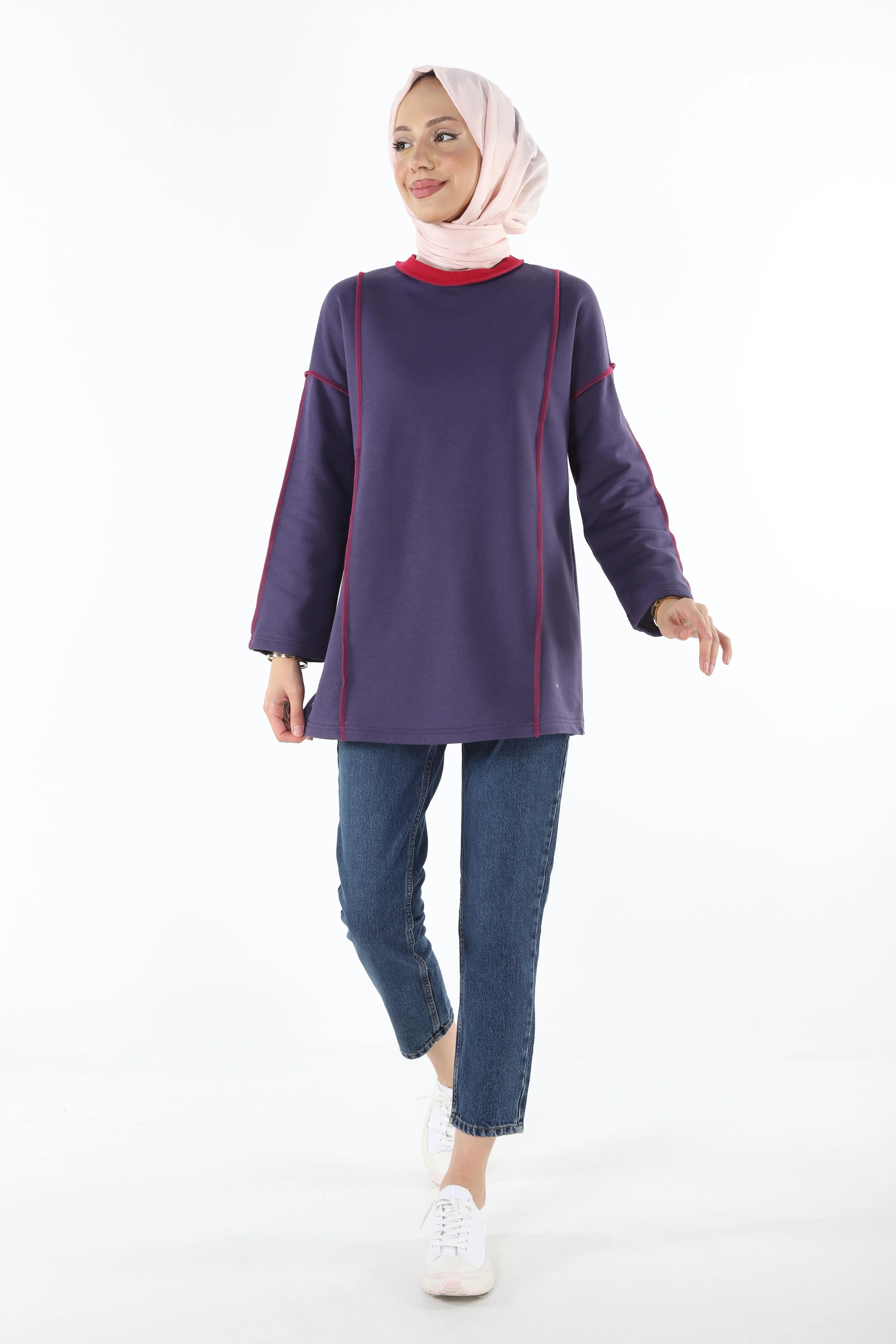2229_Şardonlu Karyoka Dikişli Basic Tesettür Sweatshirt