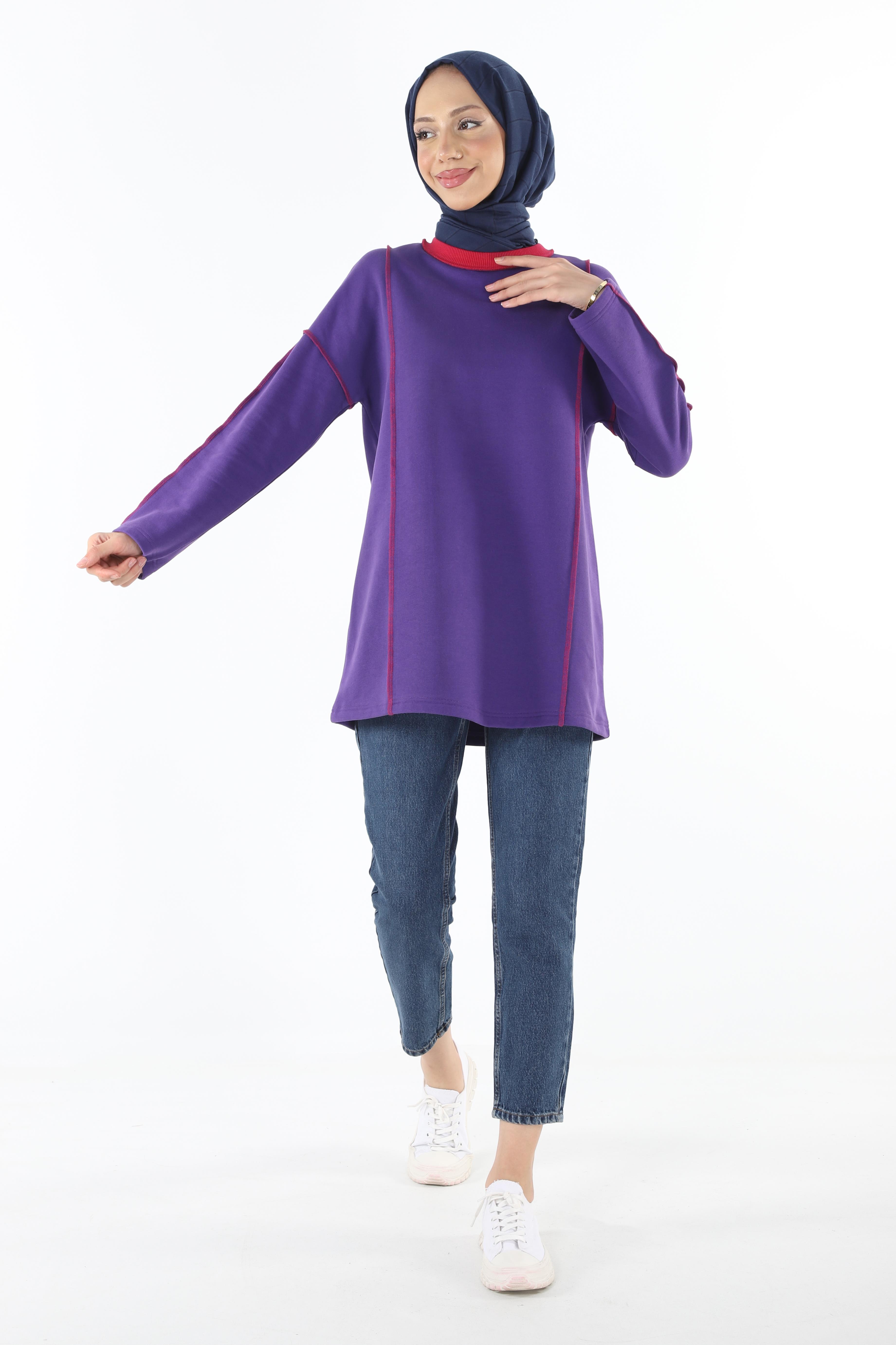 2229_Şardonlu Karyoka Dikişli Basic Tesettür Sweatshirt