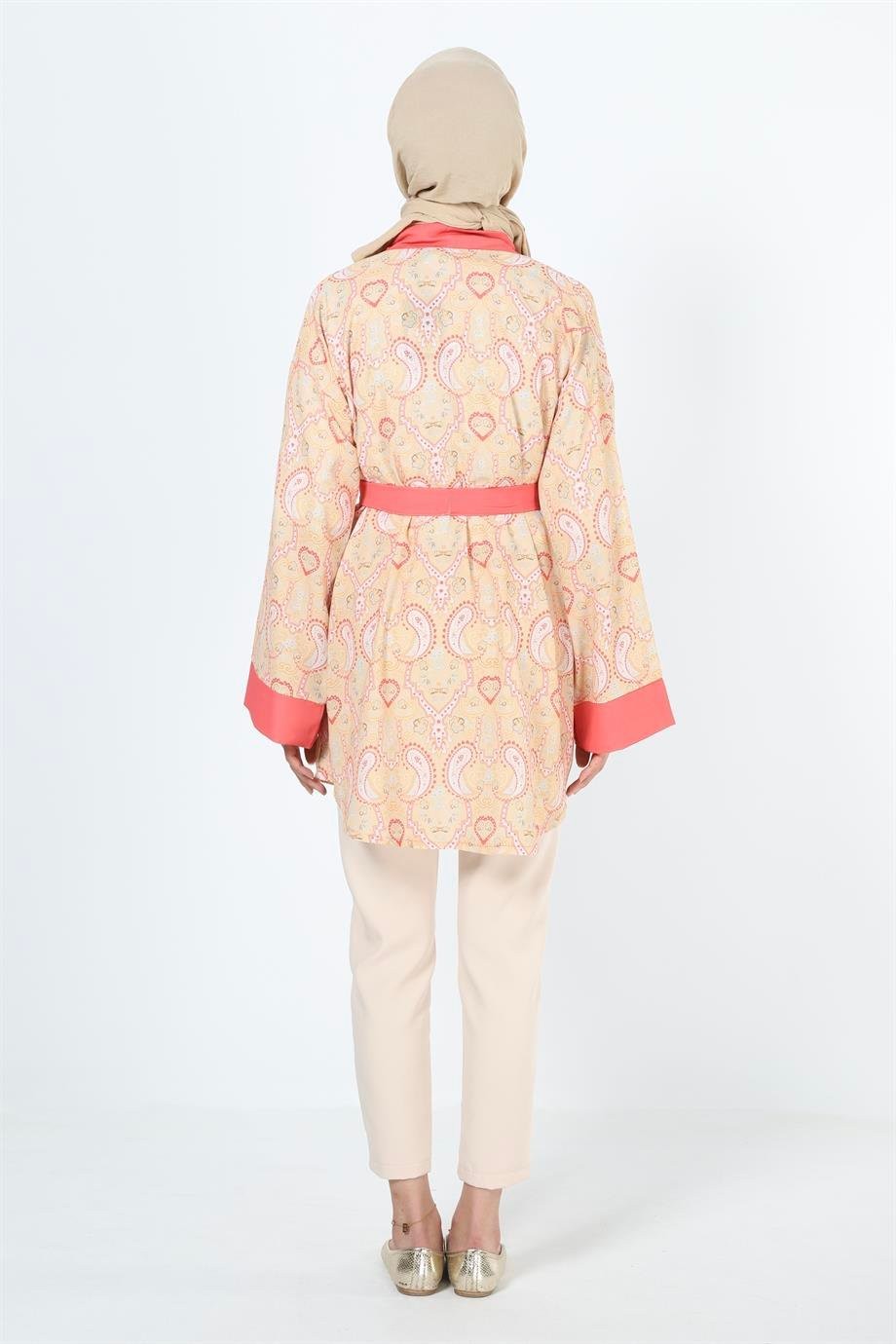 2121_Desenli Beli Kuşaklı Kimono