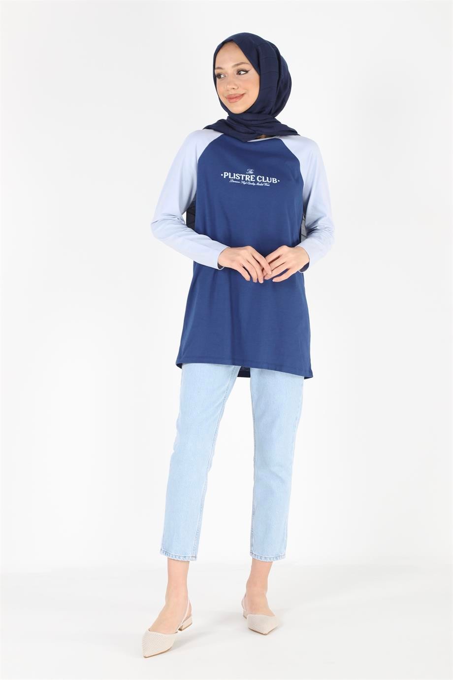 2097_Baskılı Reglan Kollu Örme Tesettür Tunik