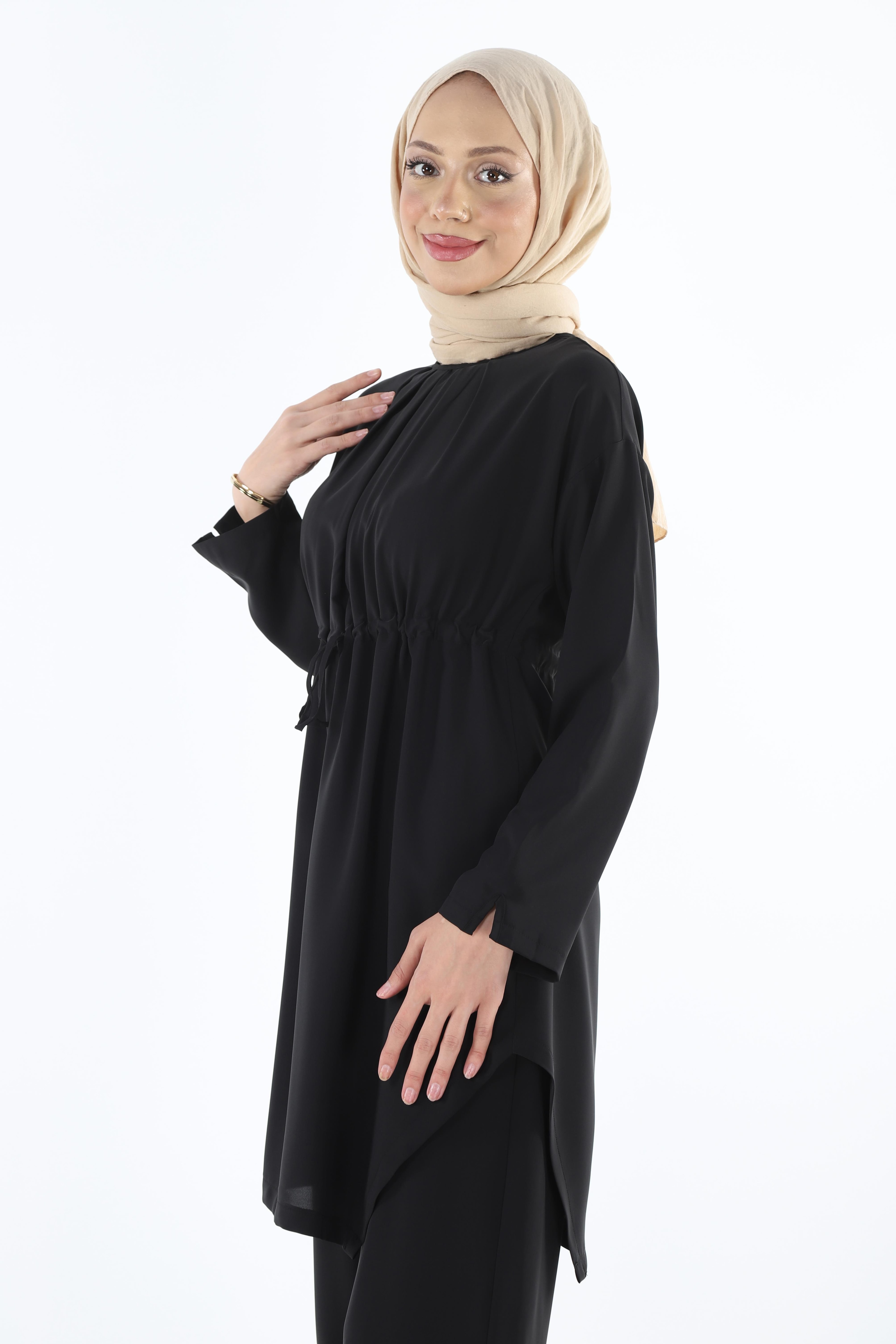2112_Tesettür Asimetrik Kesim Tunik Pantolon İkili Takım