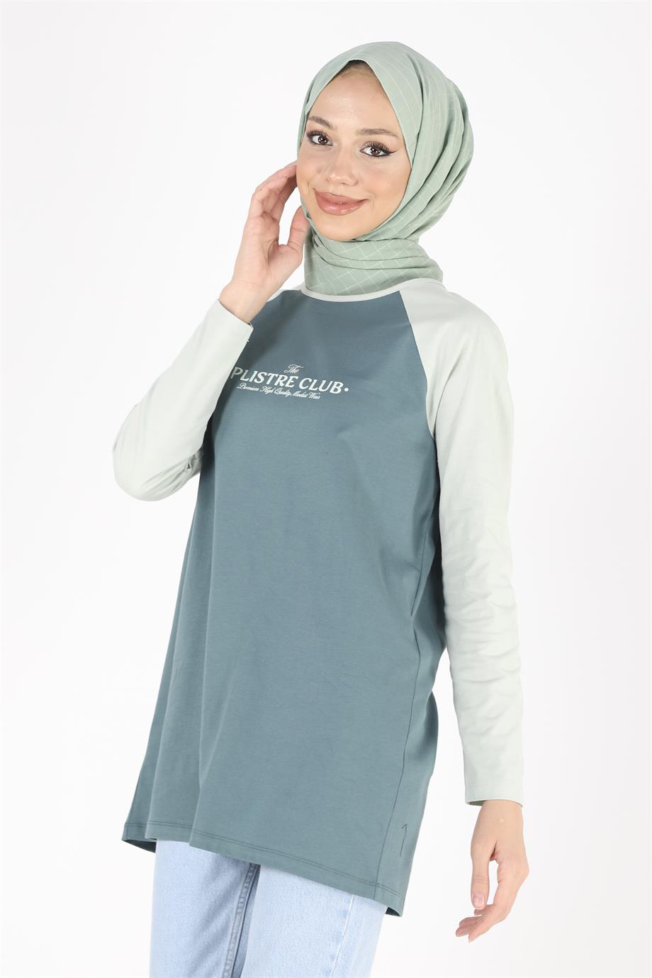 2097_Baskılı Reglan Kollu Örme Tesettür Tunik