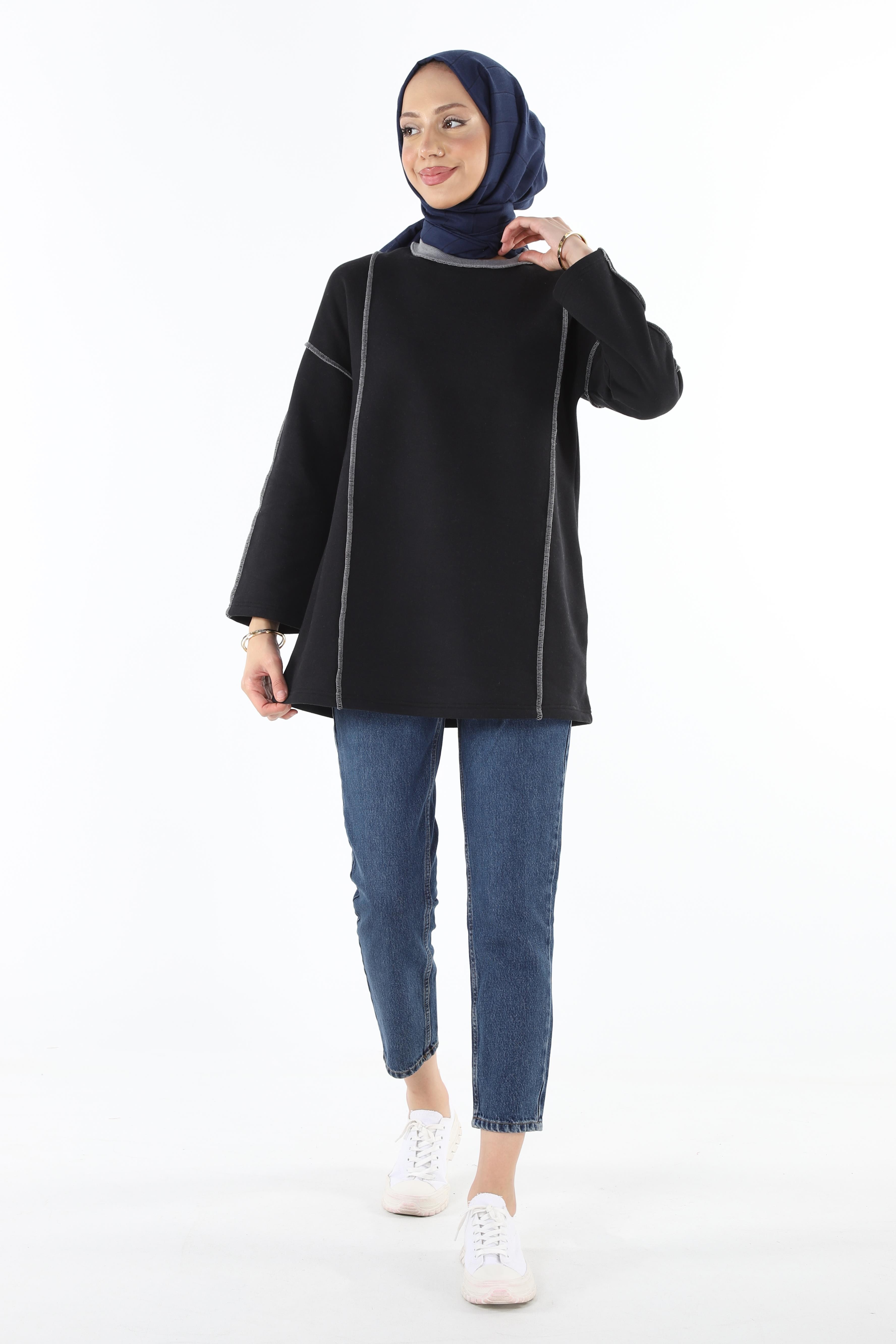 2229_Şardonlu Karyoka Dikişli Basic Tesettür Sweatshirt