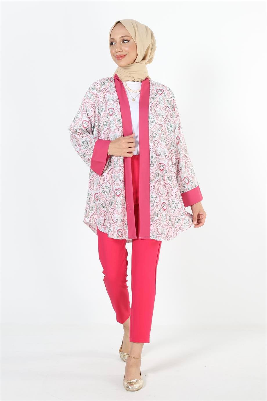 2121_Desenli Beli Kuşaklı Kimono