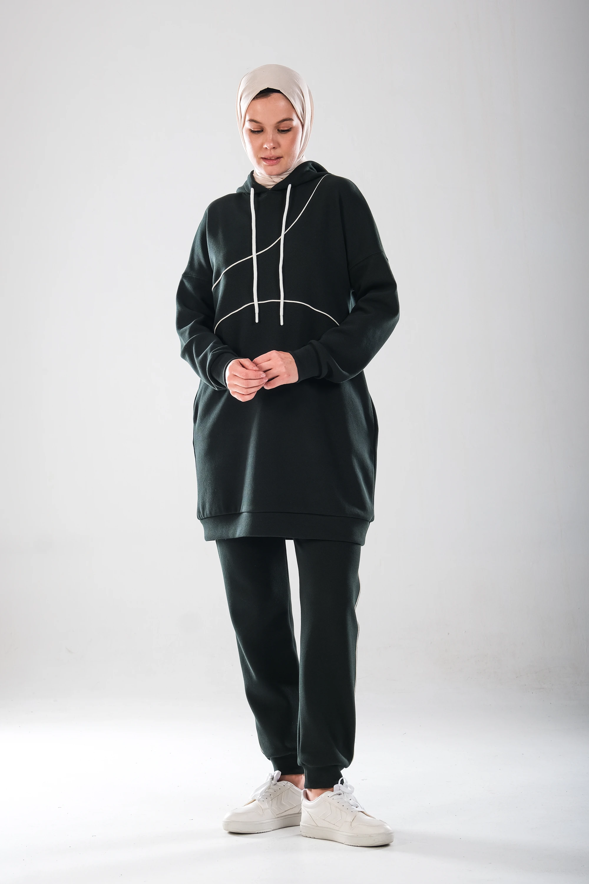 2300_Kapüşonlu Ara Biye Detaylı Cepli Pamuk Likralı Eşofman Takım -Double face Sezonluk İkili Takım