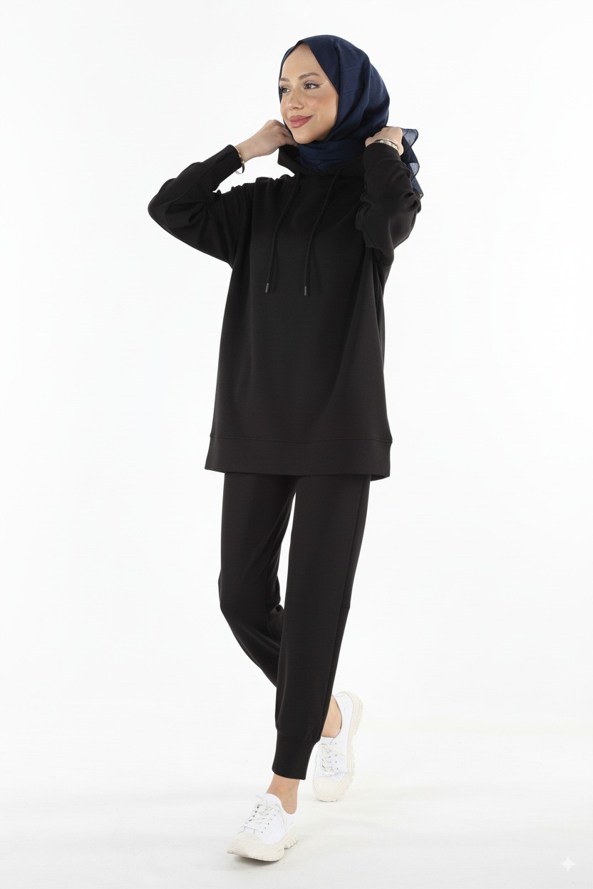 2227_Tesettür Kapüşonlu Sweatshirt & Pantolon Eşofman Takımı