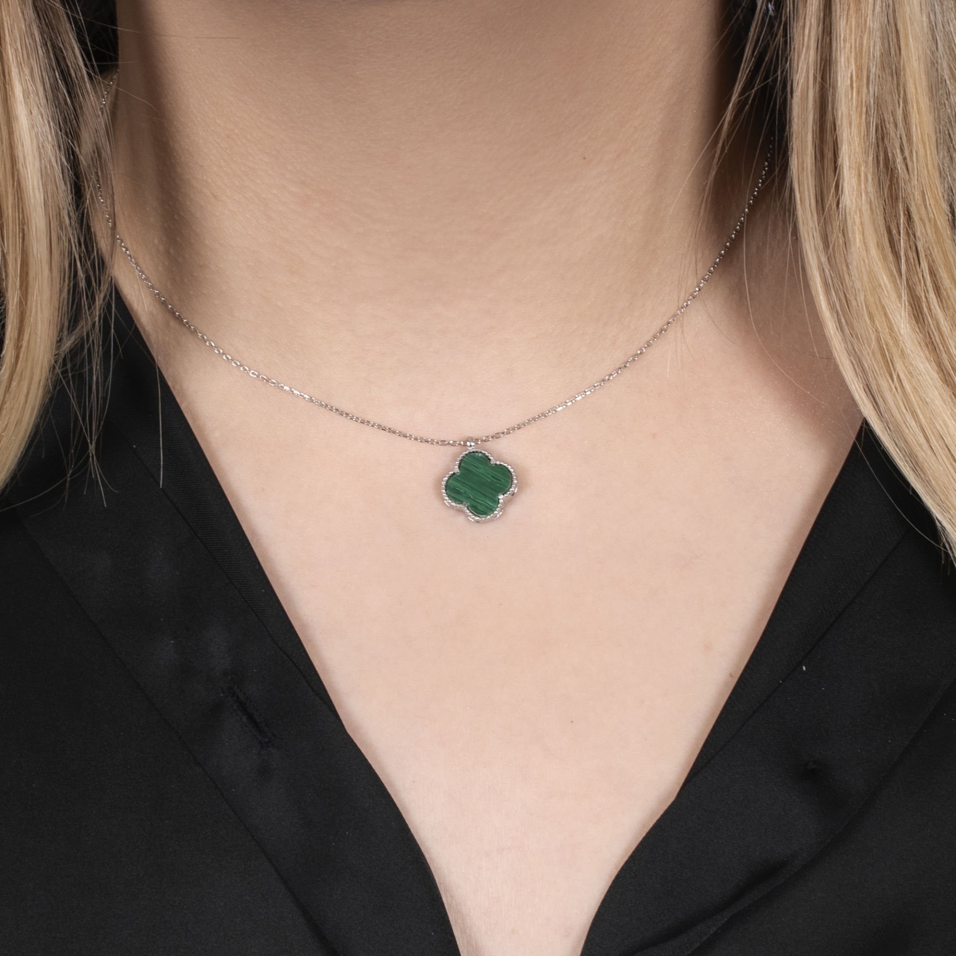 Nur Silver Yeşil Yonca Gümüş Kolye NUR-KY03169