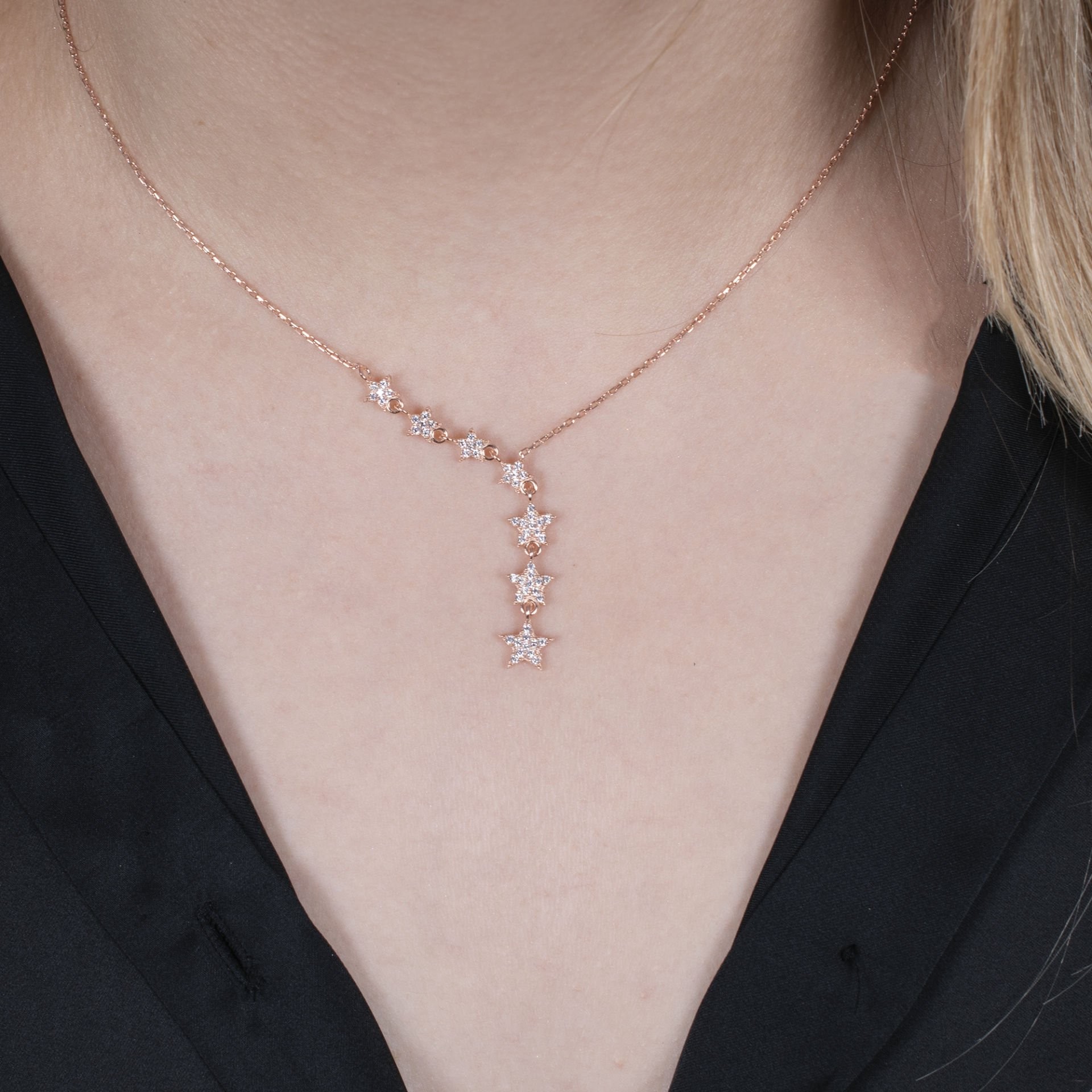 Nur Silver Rose Sıralı Yıldız Gümüş Kolye NUR-KL00239