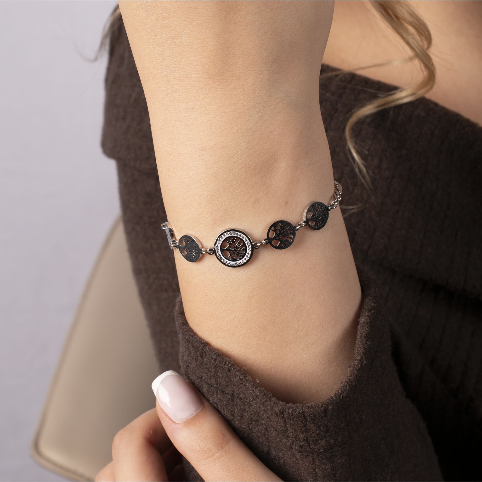 Nur Silver Hayat Ağacı Çelik Bileklik NUR-CB00020