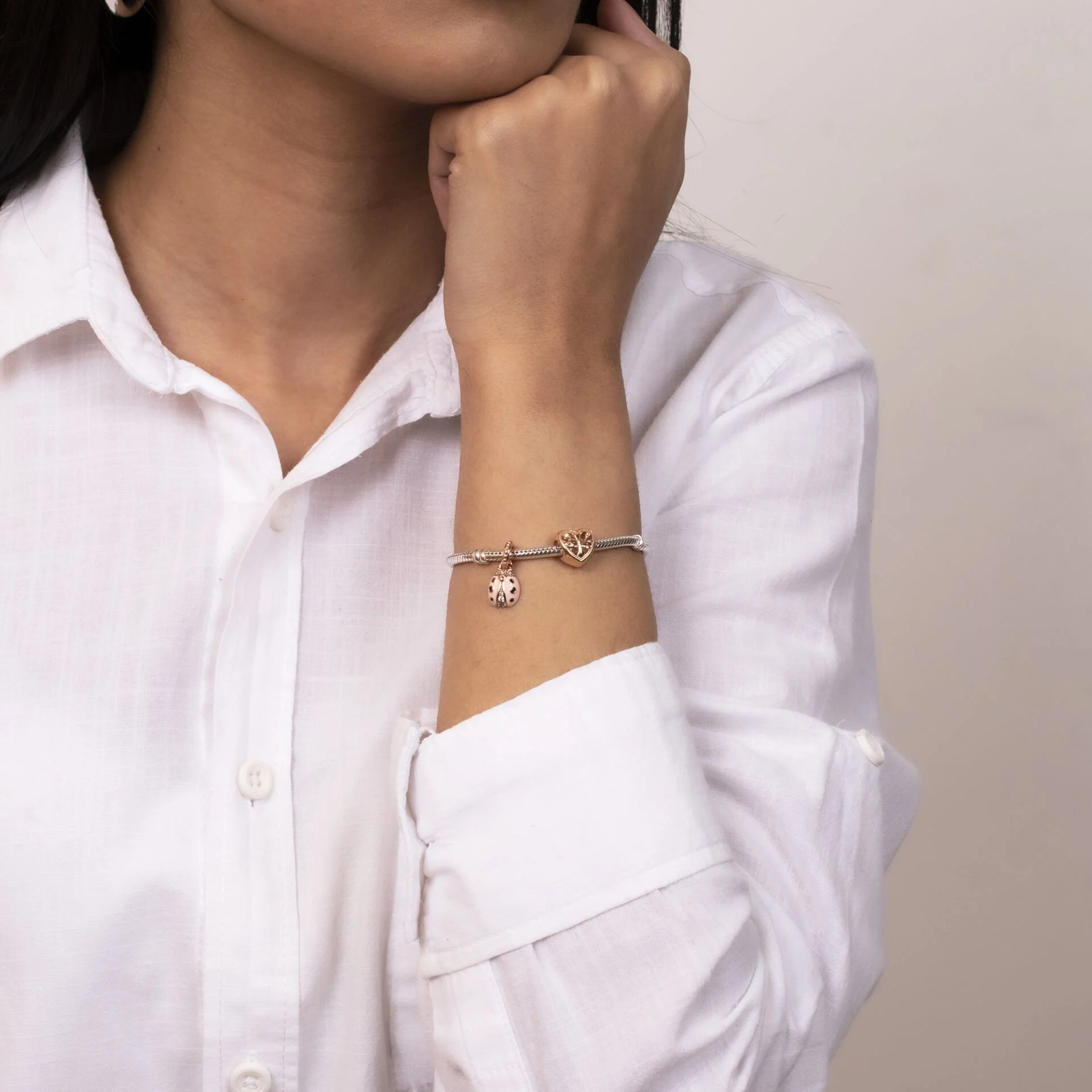 Nur Silver Rose Renk Aile Ağacı Kalp Kombin Bileklik NUR-BL00673