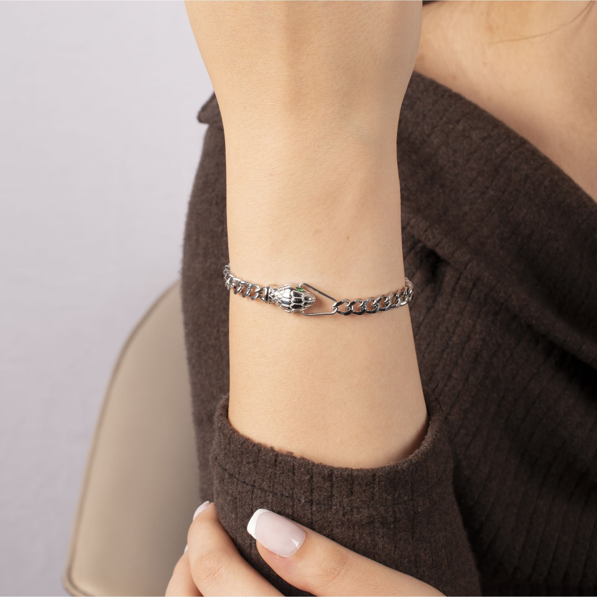 Nur Silver Yeşil Göz Yılan Kafa Zincirli Çelik Bileklik NUR-CB00031