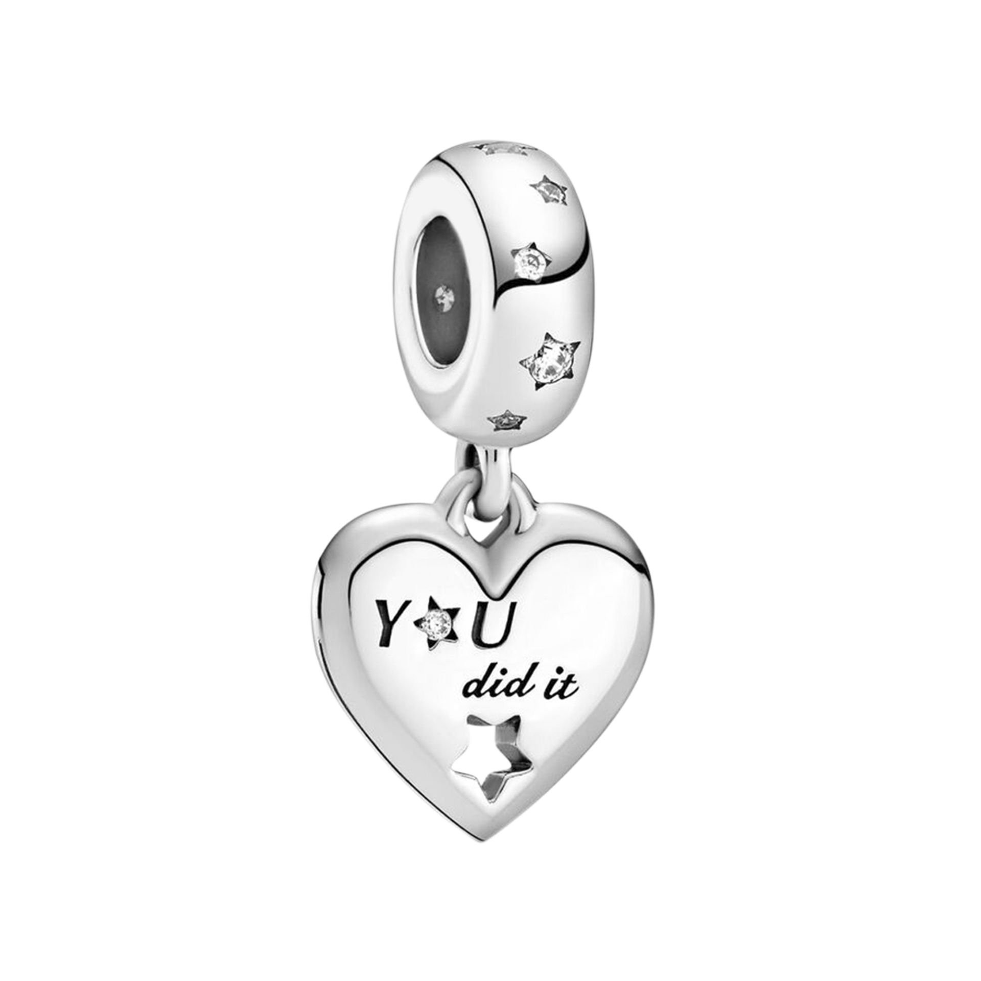 Nur Silver You Did İt Yazılı Yıldız Detay Sallantılı Kalp Gümüş Charm NUR-BL00133