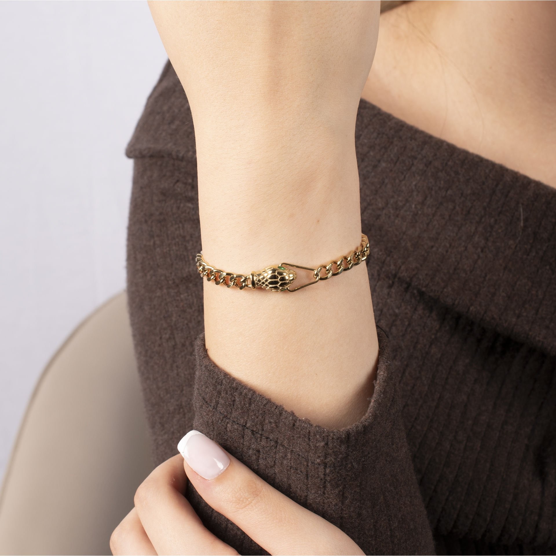 Nur Silver Yeşil Göz Yılan Kafa Zincirli Gold Çelik Bileklik NUR-CB00030