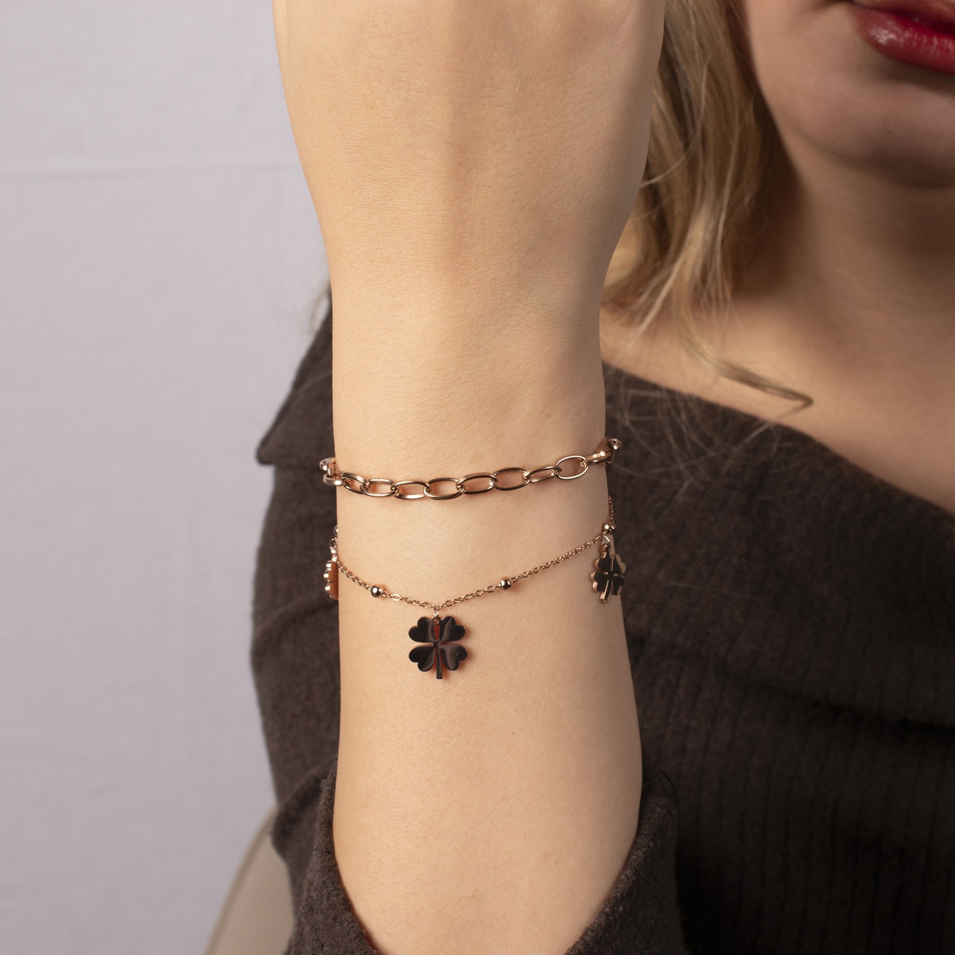 Nur Silver Rose Gold İkili Zincir Ve Yonca Model Çelik Bileklik NUR-CB00018