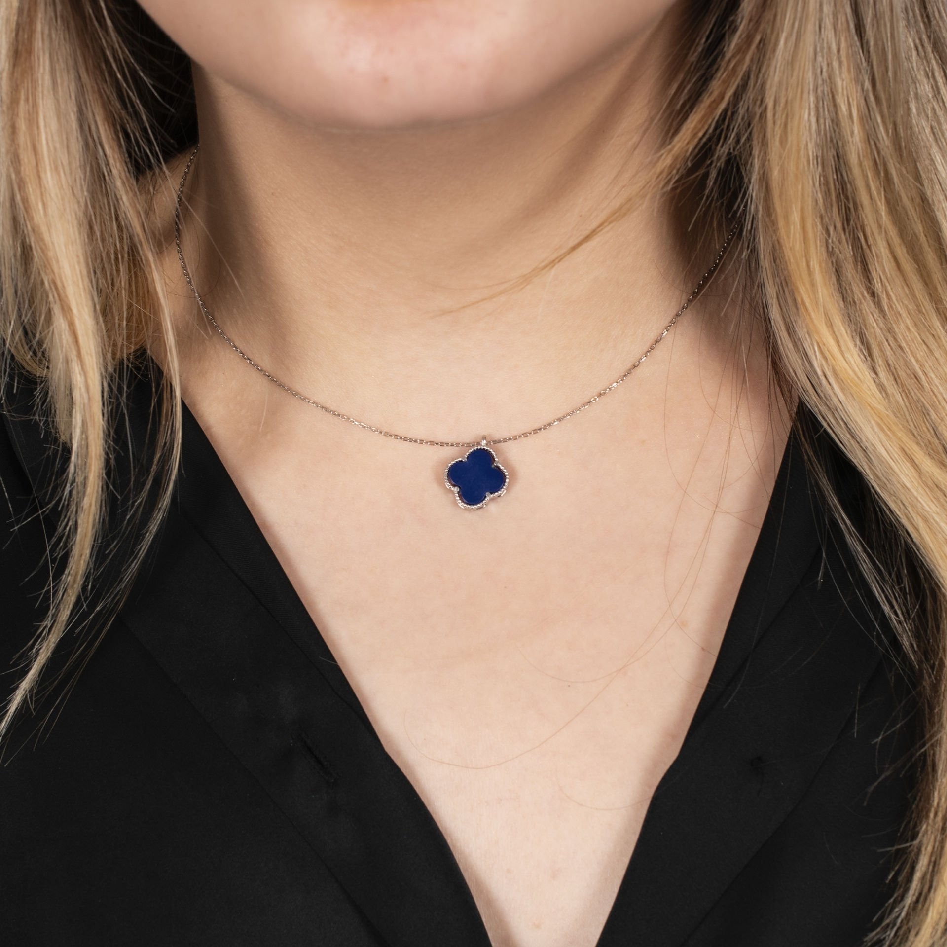 Nur Silver Lacivert Yonca Gümüş Kolye NUR-KL00233