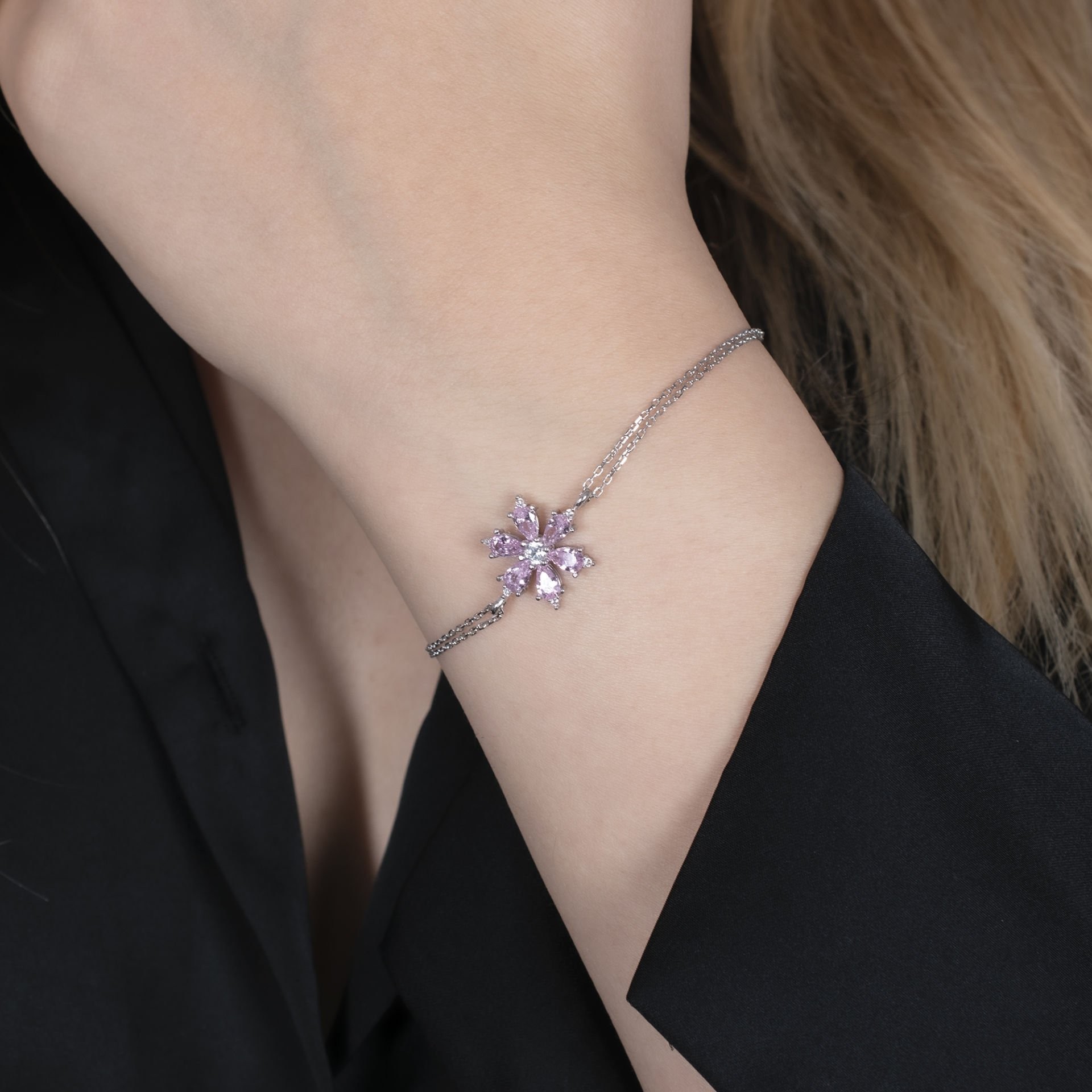 Nur Silver Pembe Lotus Çiçeği Gümüş Bileklik NUR-BK00143