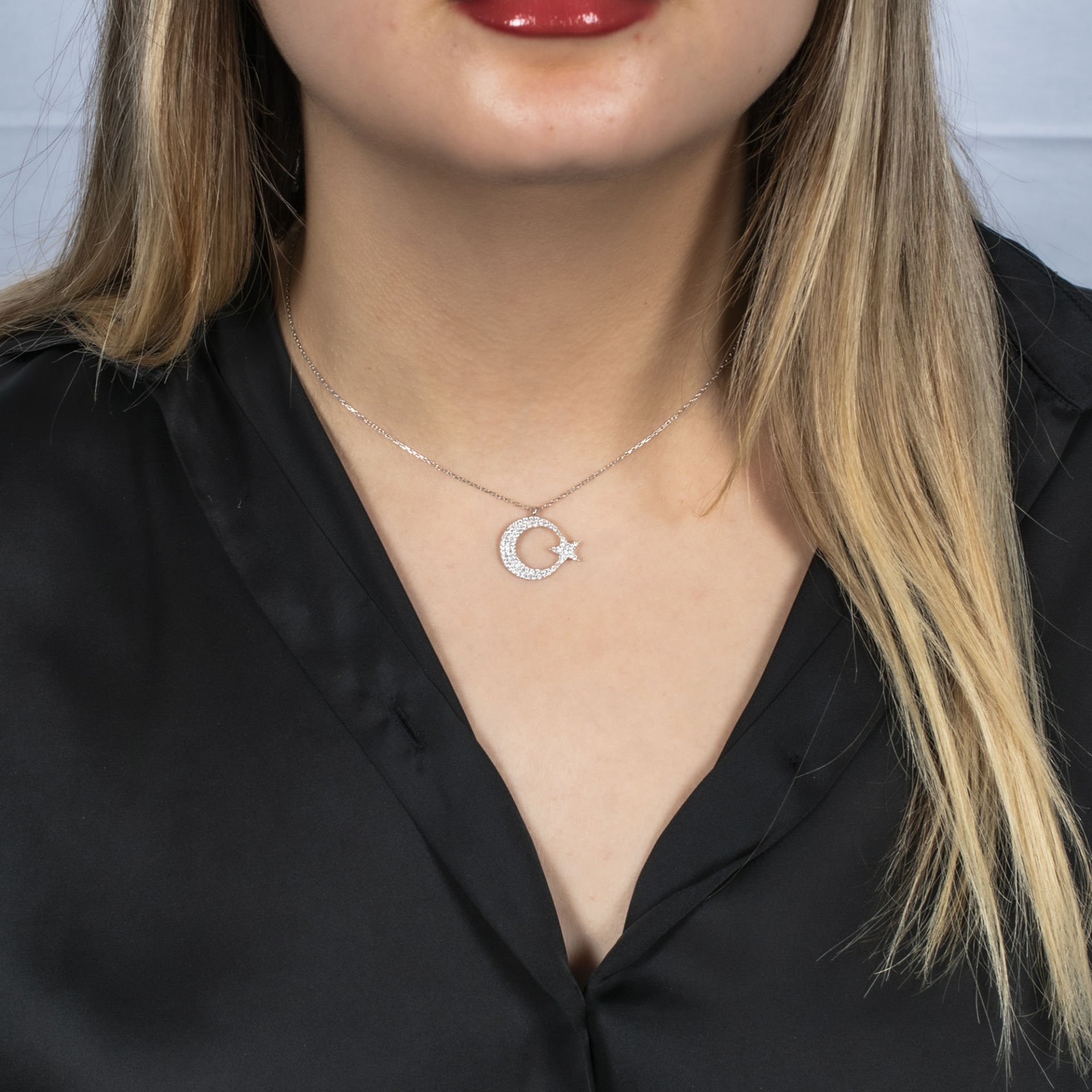 Nur Silver Ay Yıldız Gümüş Kolye NUR-KL03181