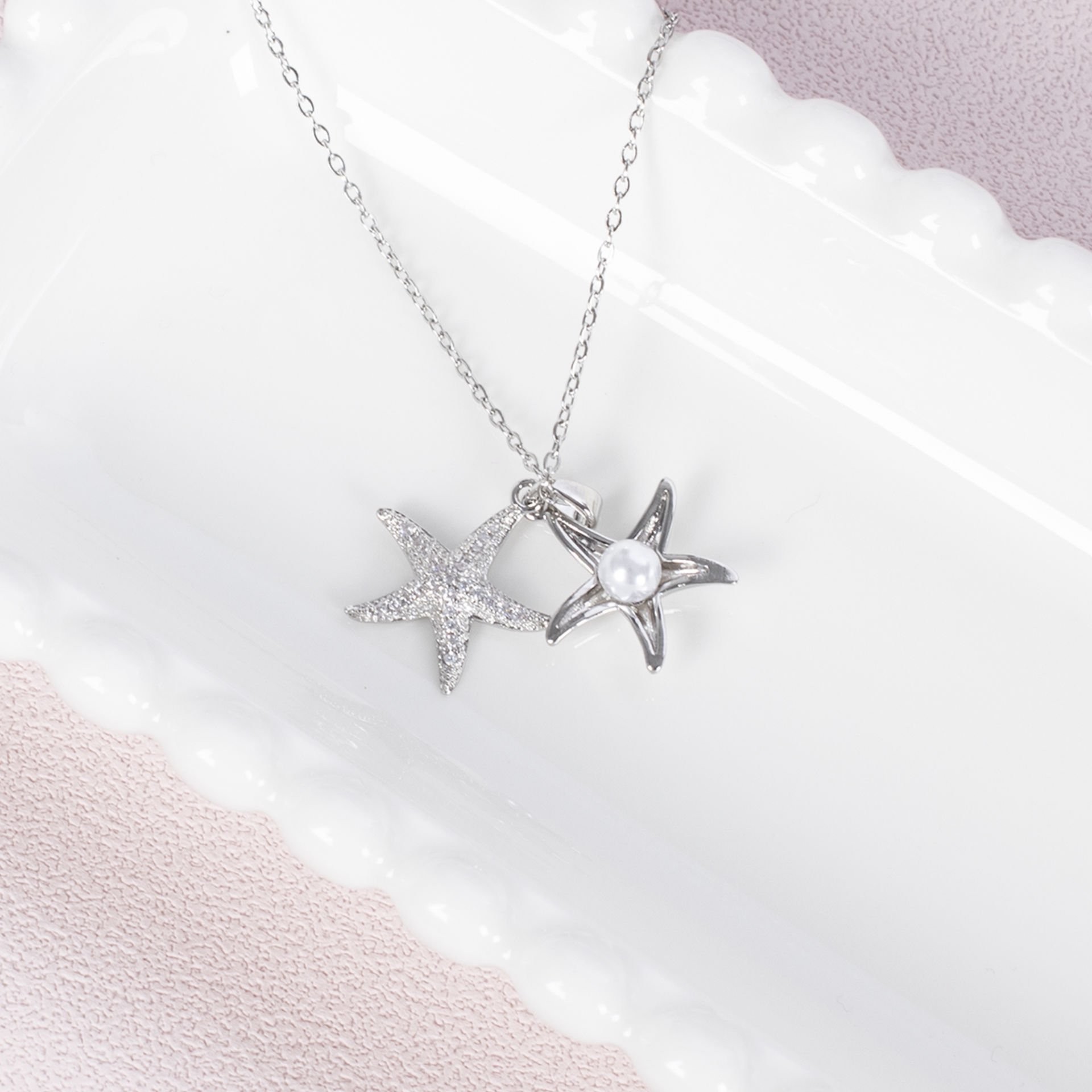 Nur Silver Deniz Yıldızlı İncili Çelik Kolye NUR-CL00371