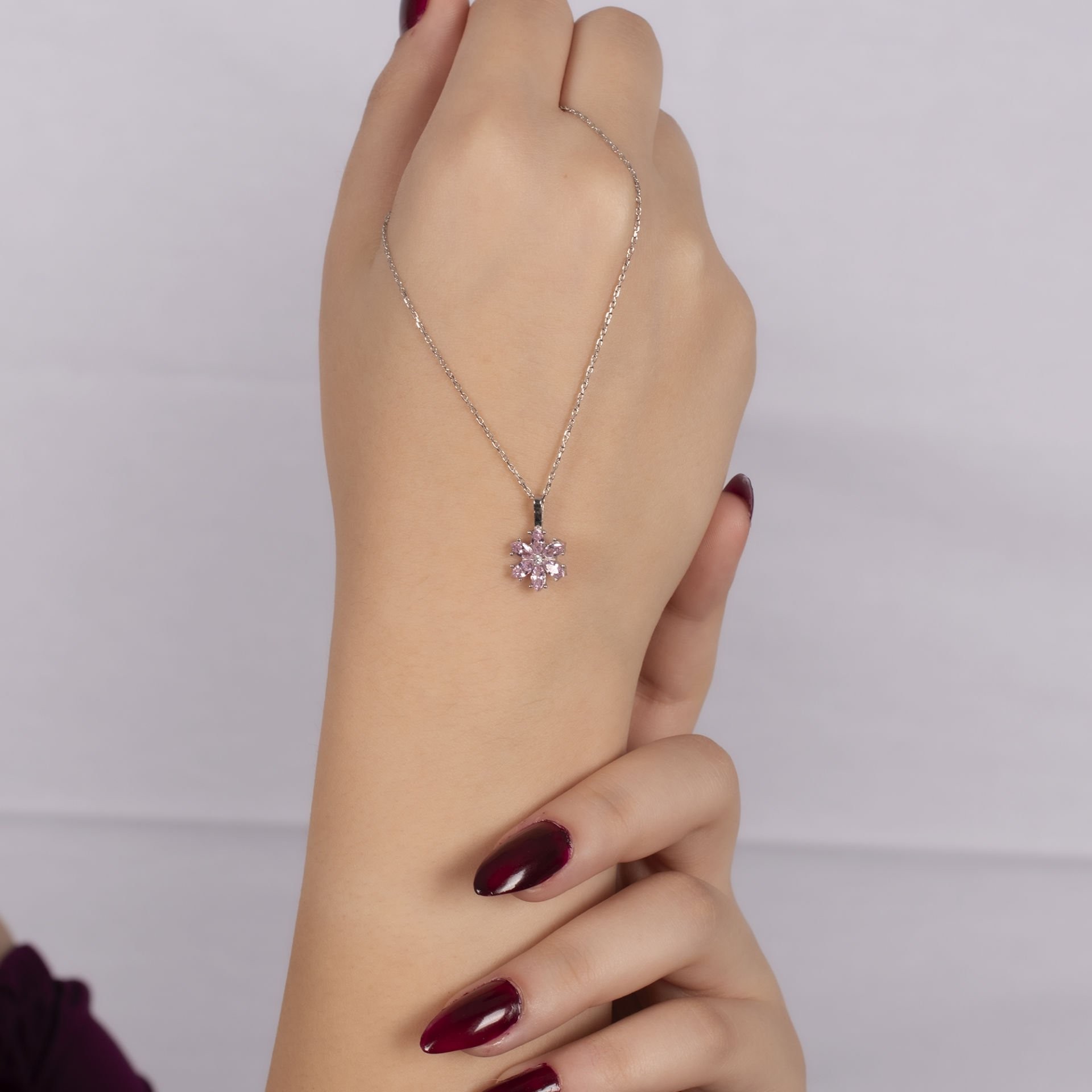 Nur Silver Pembe Çiçek Gümüş Kolye NUR-KL00229