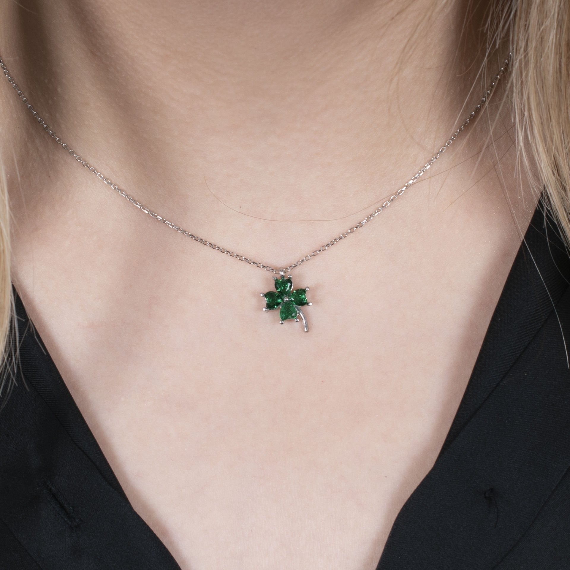 Nur Silver Yeşil Yonca Gümüş Kolye NUR-KL00236