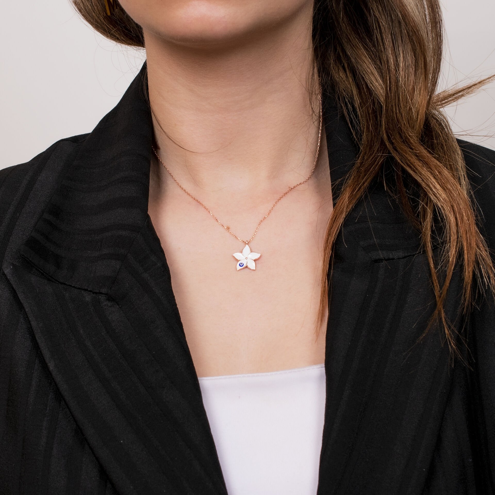 Nur Silver Nazar Boncuklu Menekşe Çiçeği Gümüş Kolye NUR-KL00699