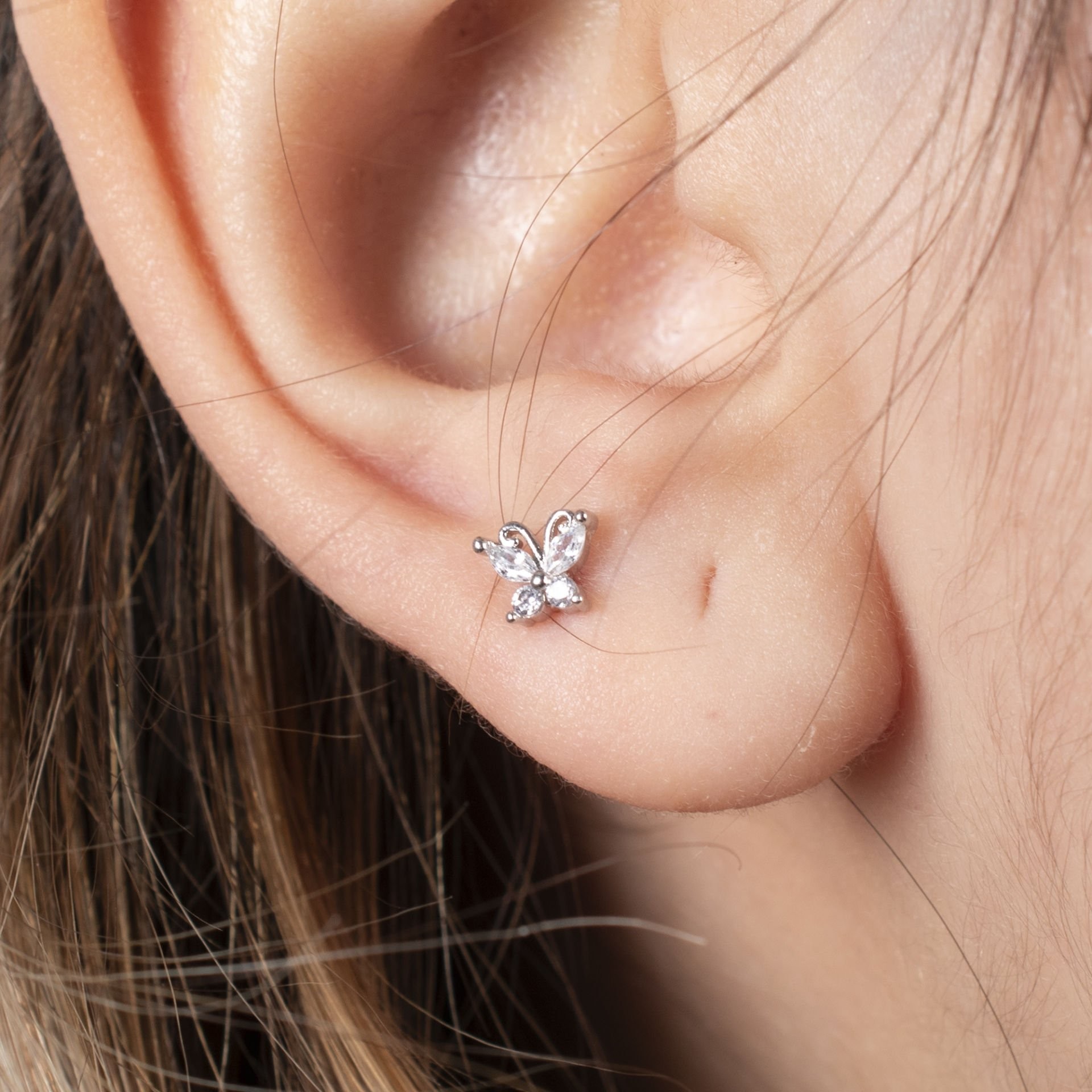 Nur Silver Kelebek Çelik Tragus Küpe NUR-KE03286