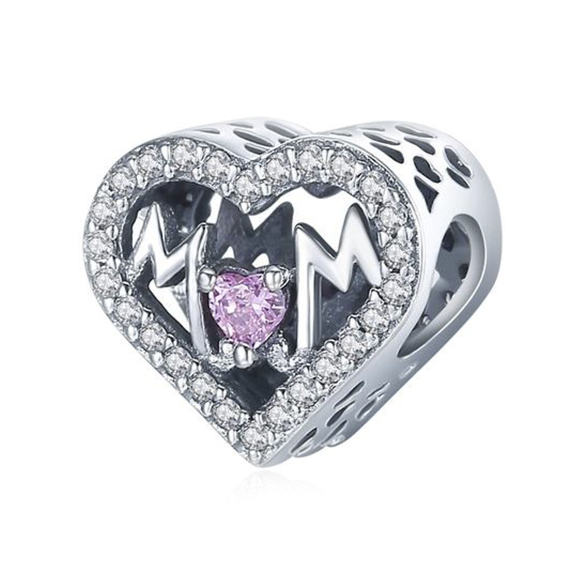 Nur Silver 'Mom' Yazılı Pembe Taşlı Kalp Gümüş Charm NUR-BL00330