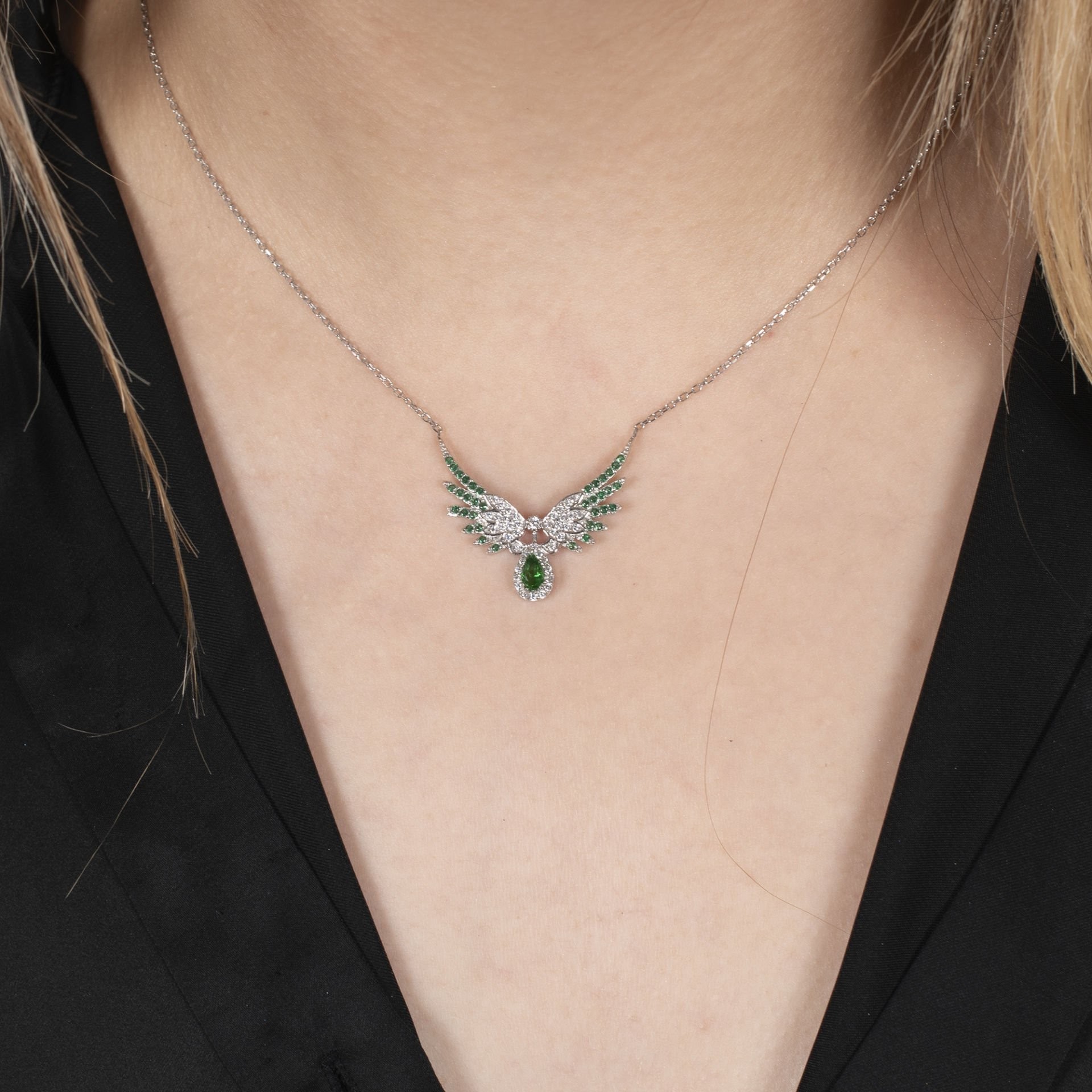 Nur Silver Yeşil Melek Kanatlı Gümüş Kolye NUR-KY03160