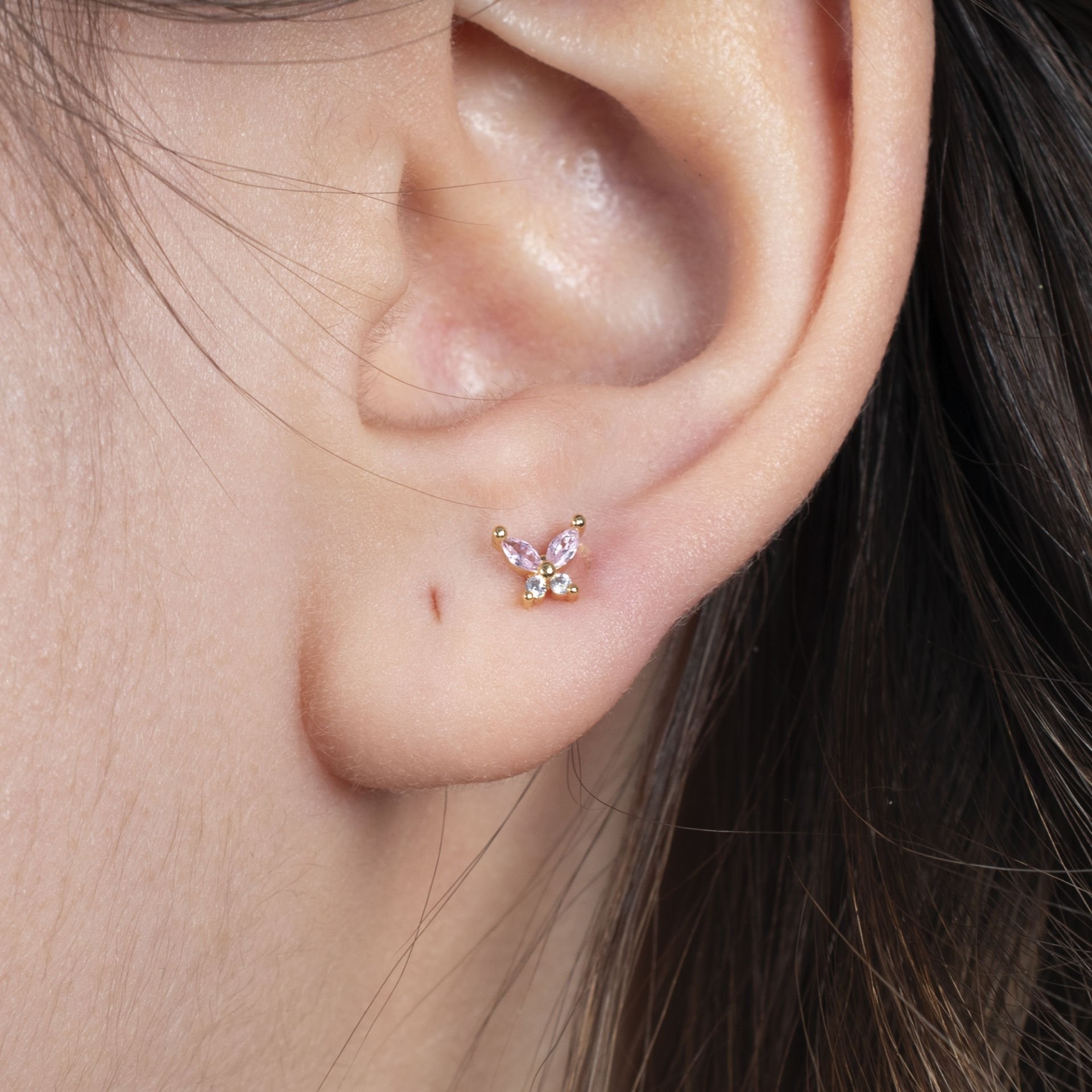 Nur Silver Pembe Kelebek Çelik Tragus Küpe NUR-CP00190
