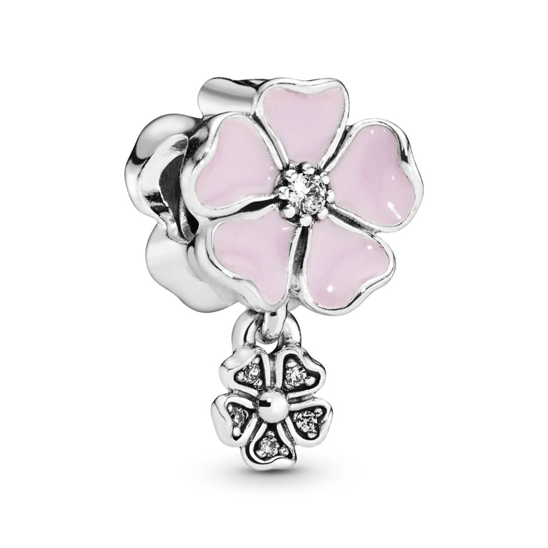 Nur Silver Sallantılı Pembe Çiçekli Gümüş Charm NUR-BL12477