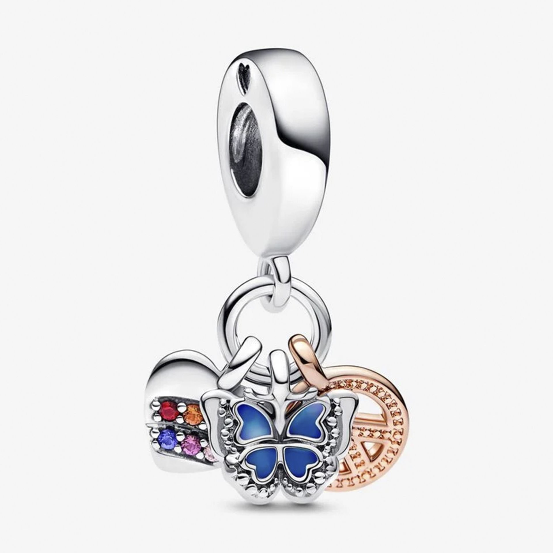 Nur Silver İki Renkli Gökkuşağı Kalp, Kelebek ve Barış Üçlü Sarkıt Charm NUR-CM00454