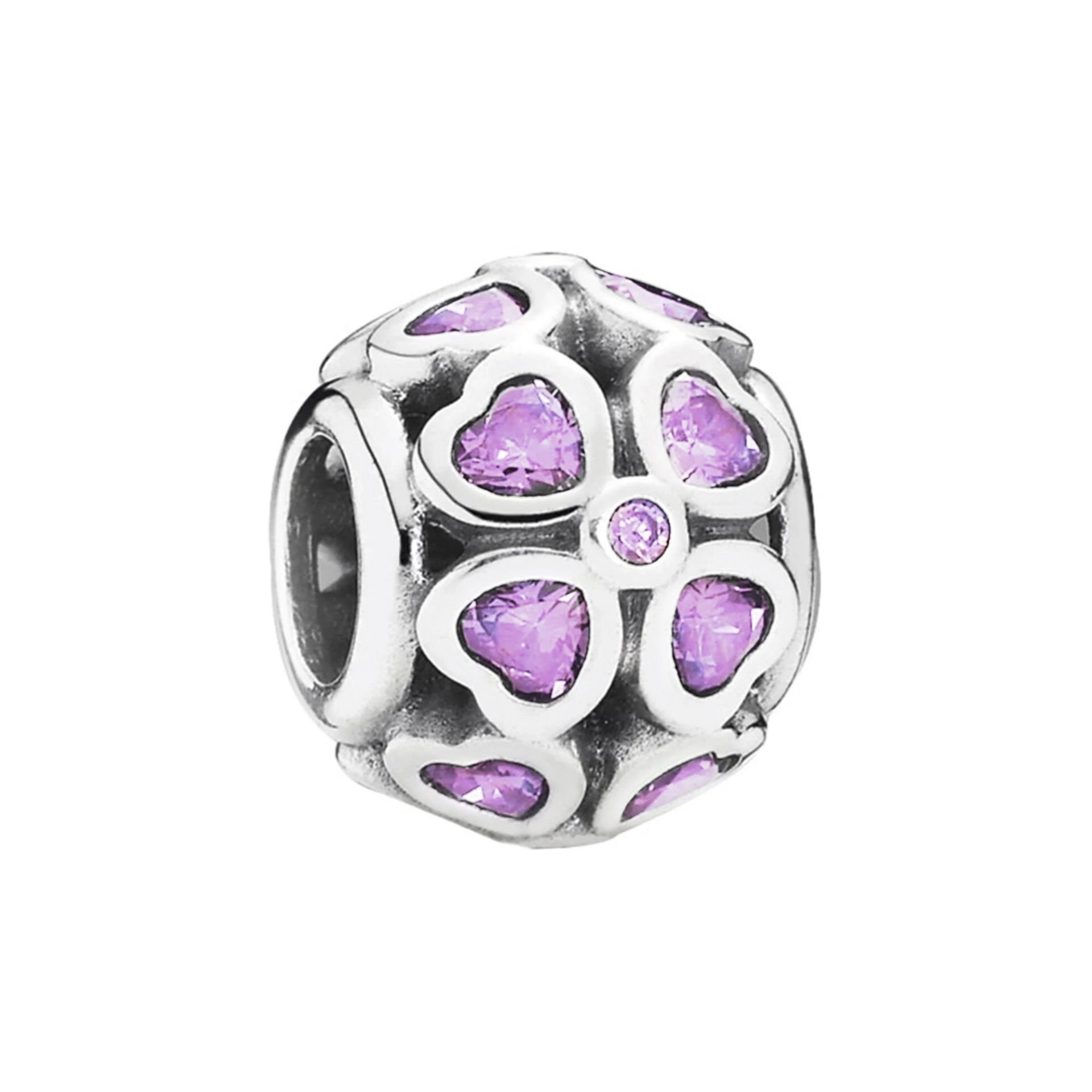 Nur Silver Pembe Taşlı Kalp Çiçekli Gümüş Charm NUR-BL12486