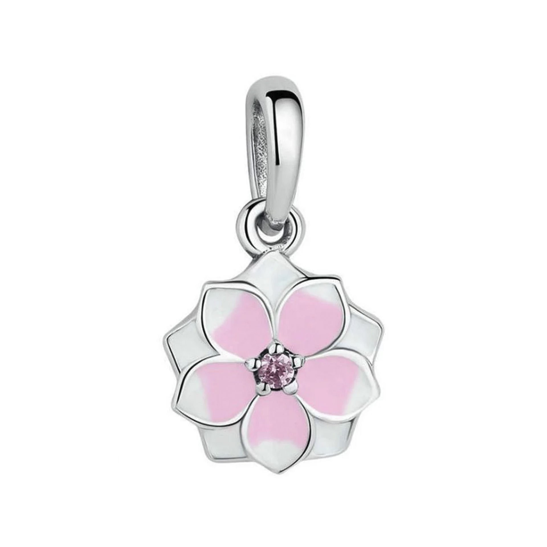 Nur Silver Sallantılı Pembe Çiçekli Gümüş Charm NUR-BL12448
