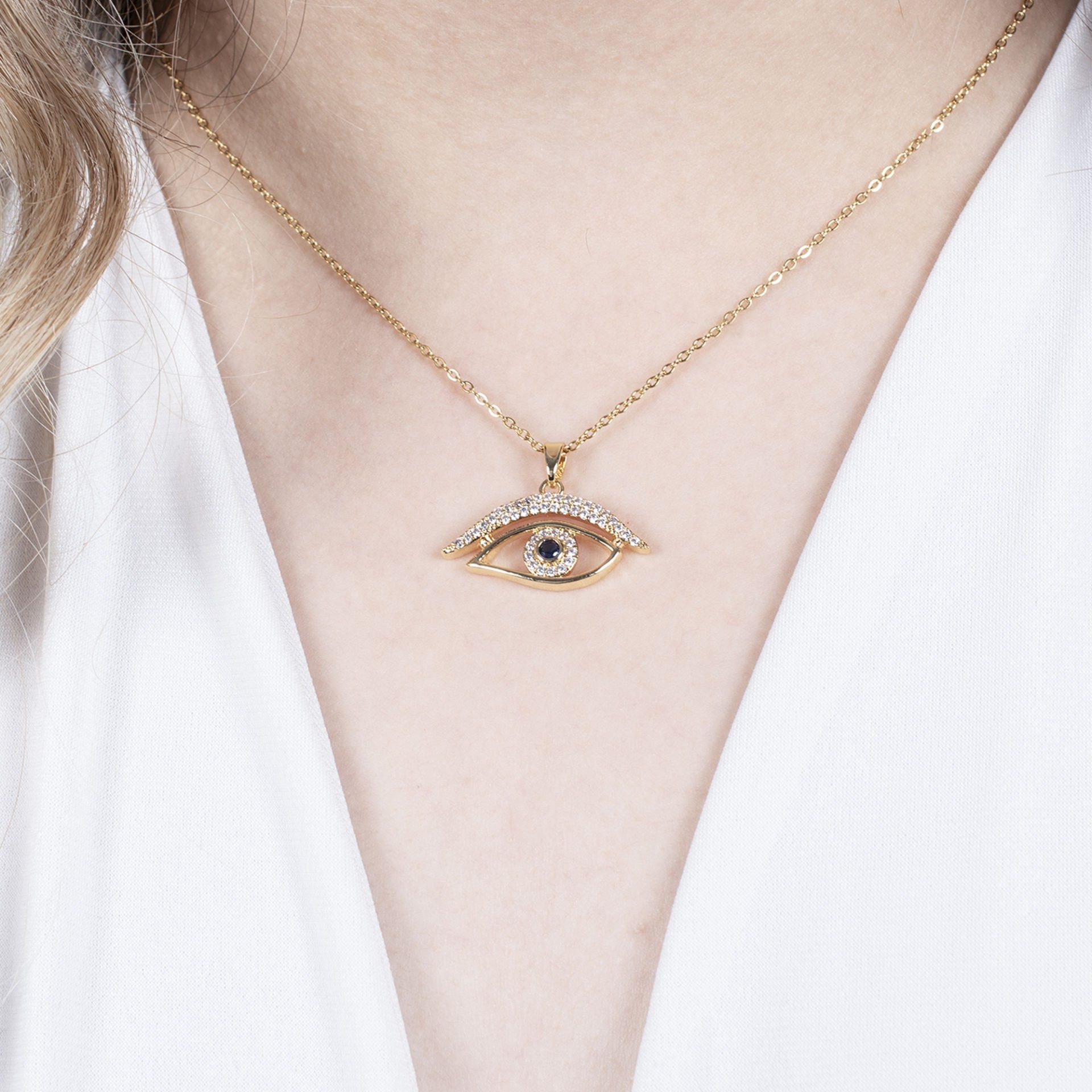 Nur Silver Mavi Taşlı Göz Gold Çelik Kolye NUR-CL00359