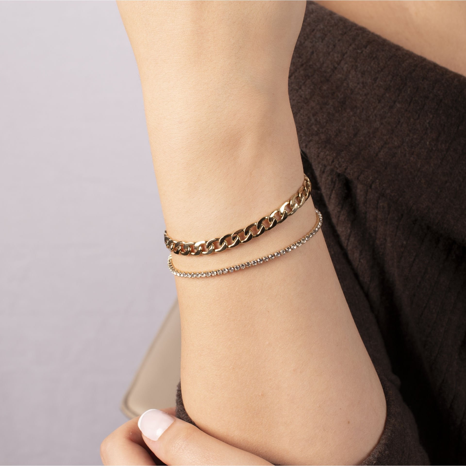 Nur Silver Çift Zincir Ve Suyolu Gold Çelik Bileklik NUR-CB00032