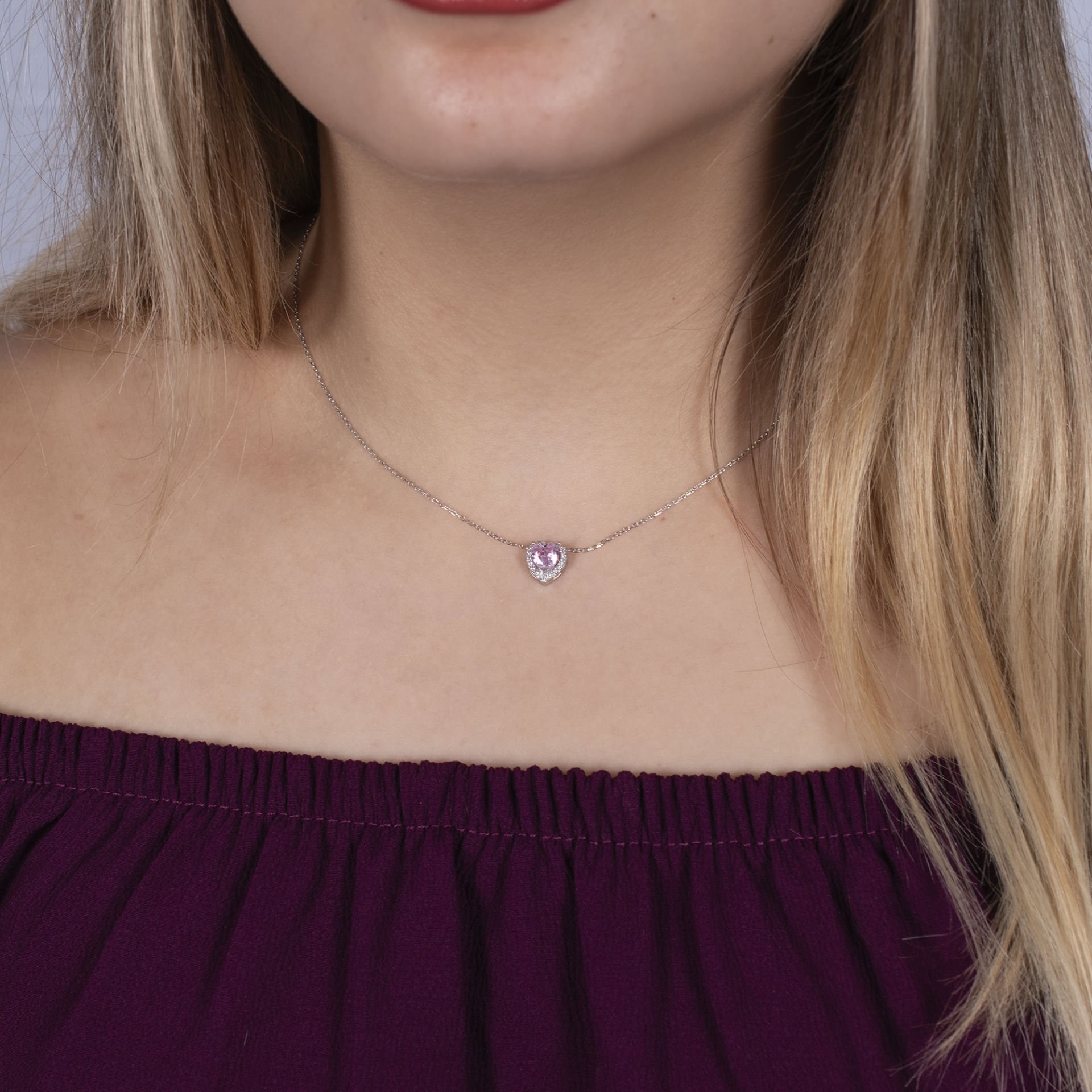 Nur Silver Pembe Taşlı Kalpli Gümüş Kolye NUR-KY03156