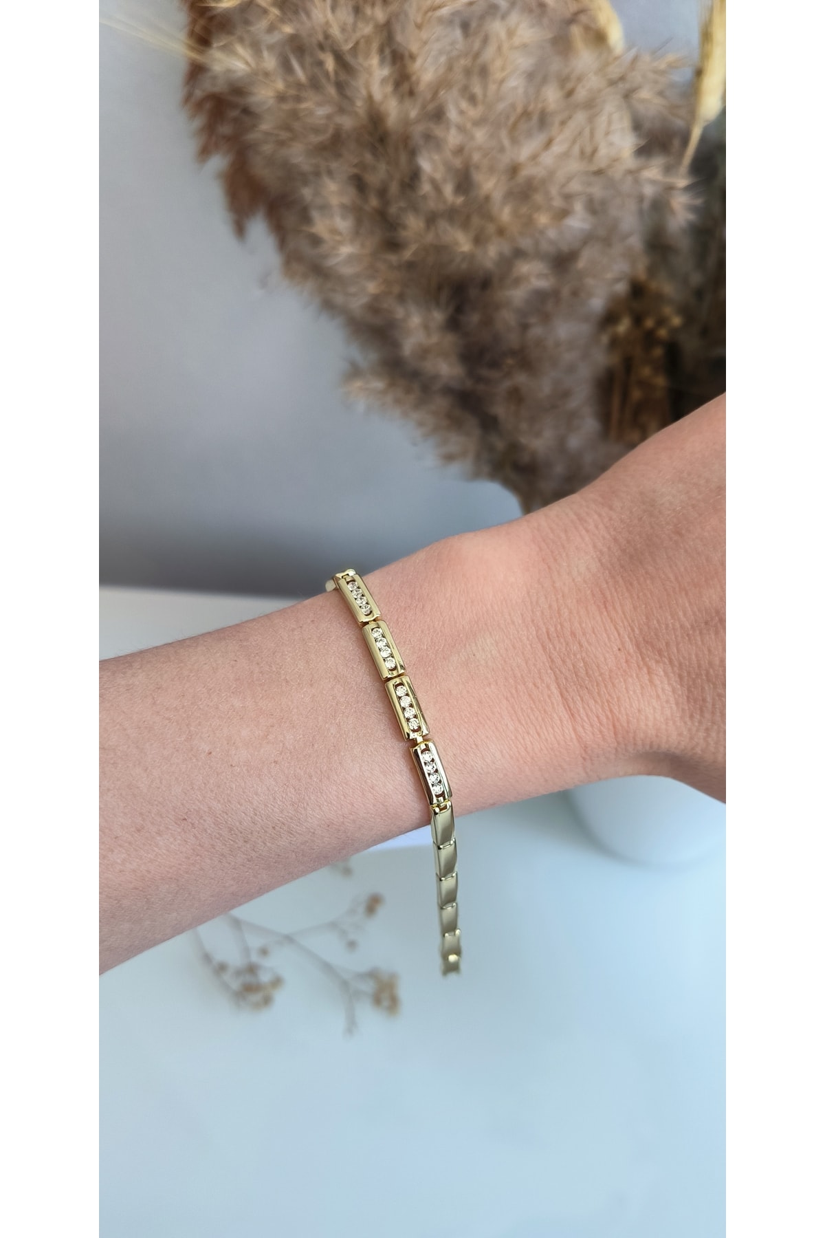 Vip Zirkon Taşlı Çubuk Plaka Model Bileklik Kararmaz 14K Rengindedir 19cm