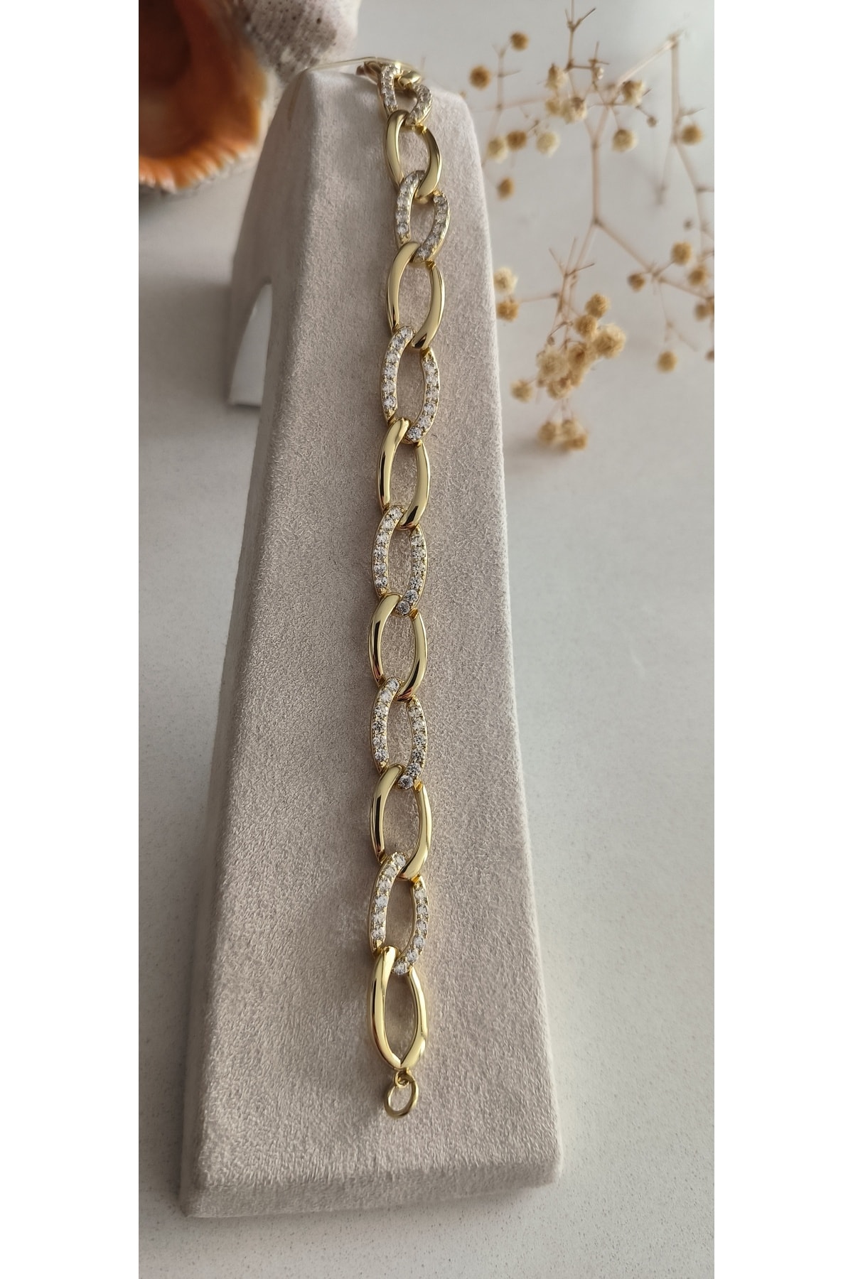 Vip Zirkon Taşlı Oval Halat Model Bileklik Kararmaz 14K Rengindedir 21cm