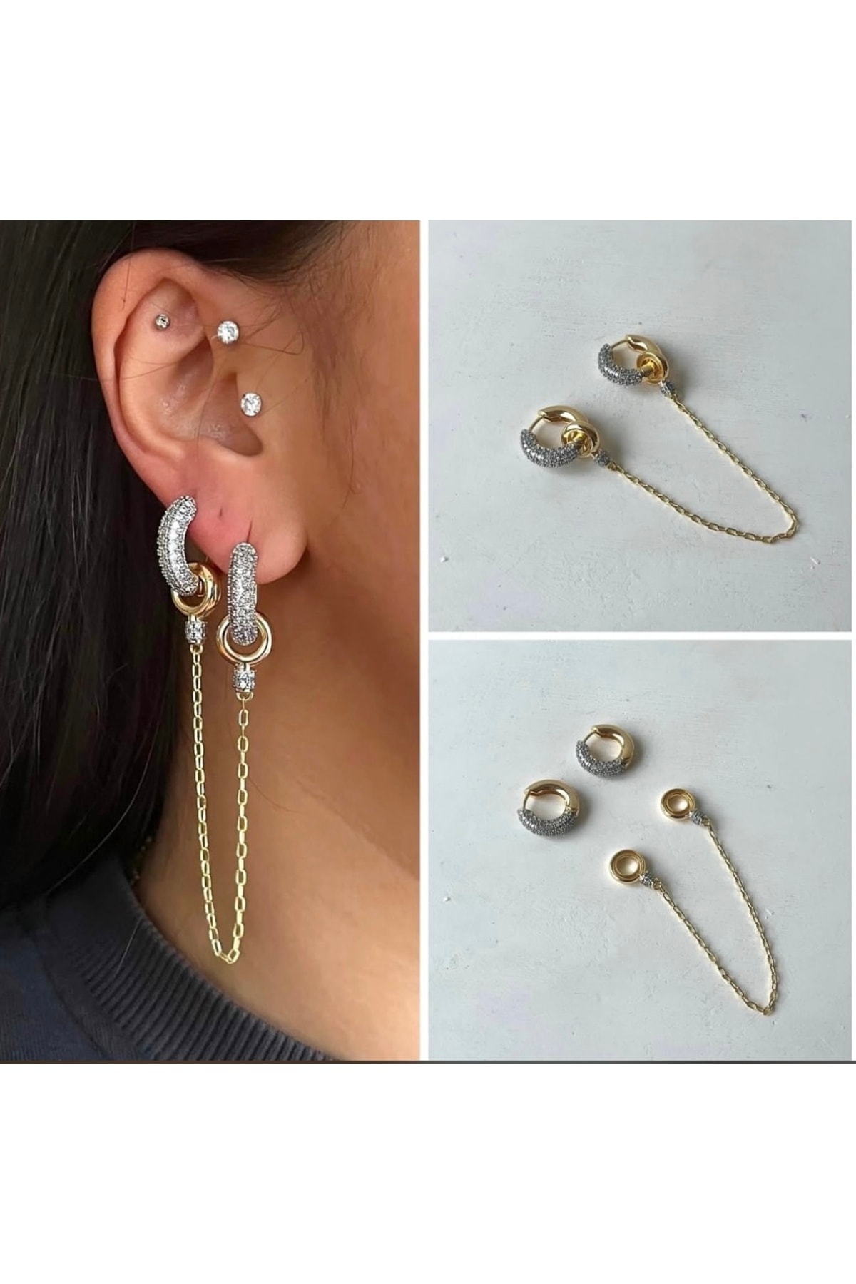 Altın Kaplama Zincir Model İki Renk Küpe Kararmaz 14K Rengindedir 2cm