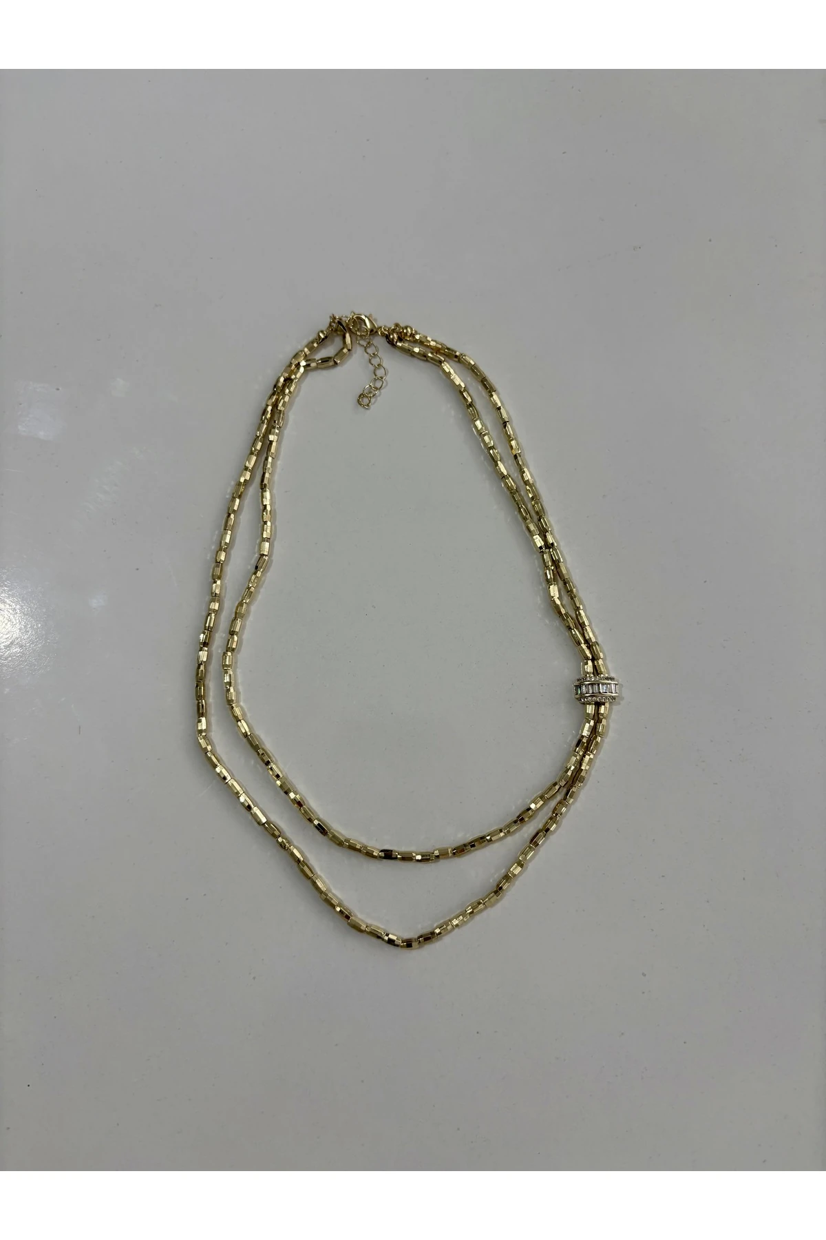 Seri İkili Lazer Kesim Plaka Baget Taşlı Kolye Kararmaz 14K Rengindedir 42 + 5 cm