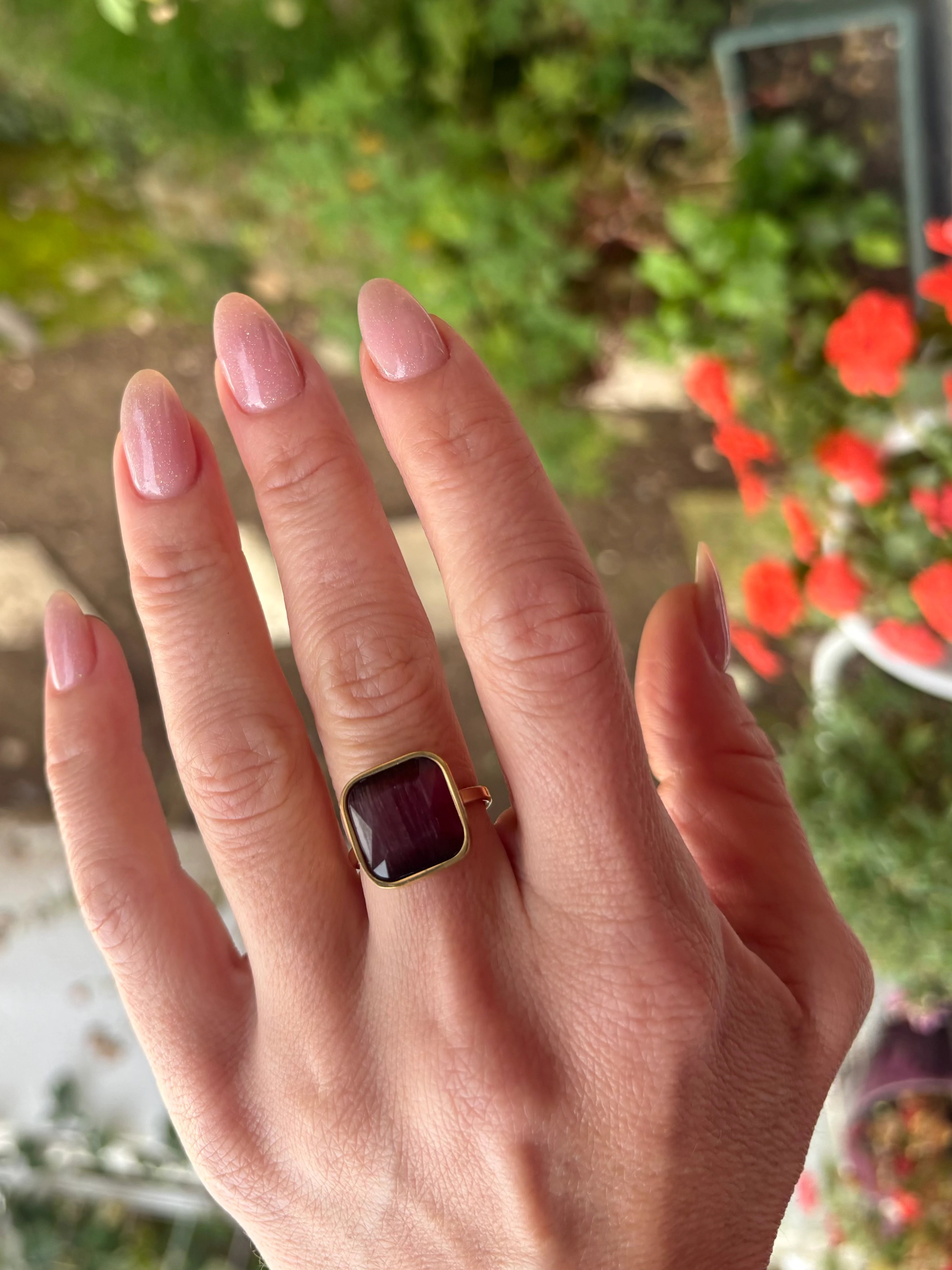 Bordo Kare Taşlı Ayarlanabilir Yüzük