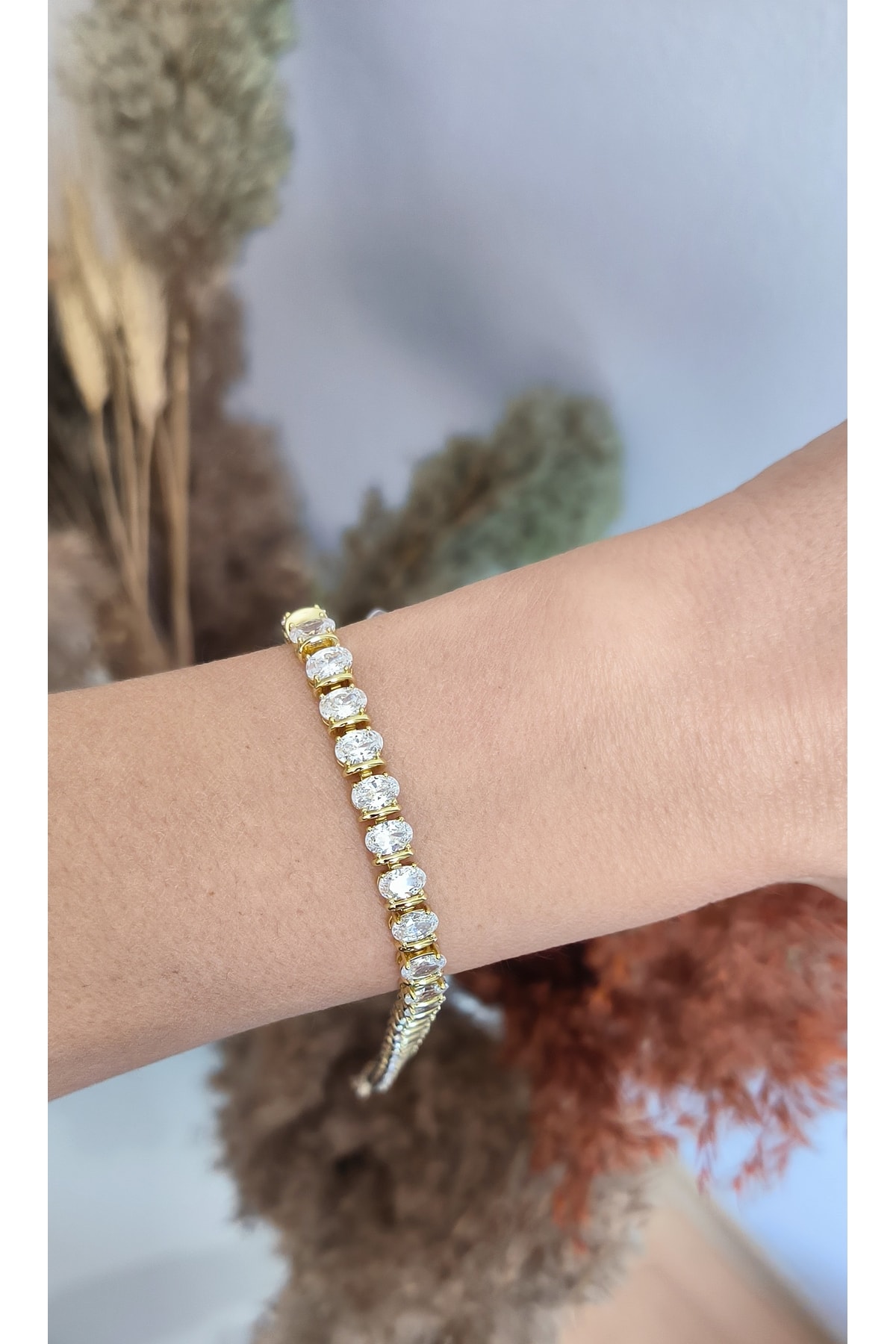 Vip Zirkon Taşlı Kare Su Yolu Model Bileklik Kararmaz 14K Rengindedir 17 +2cm
