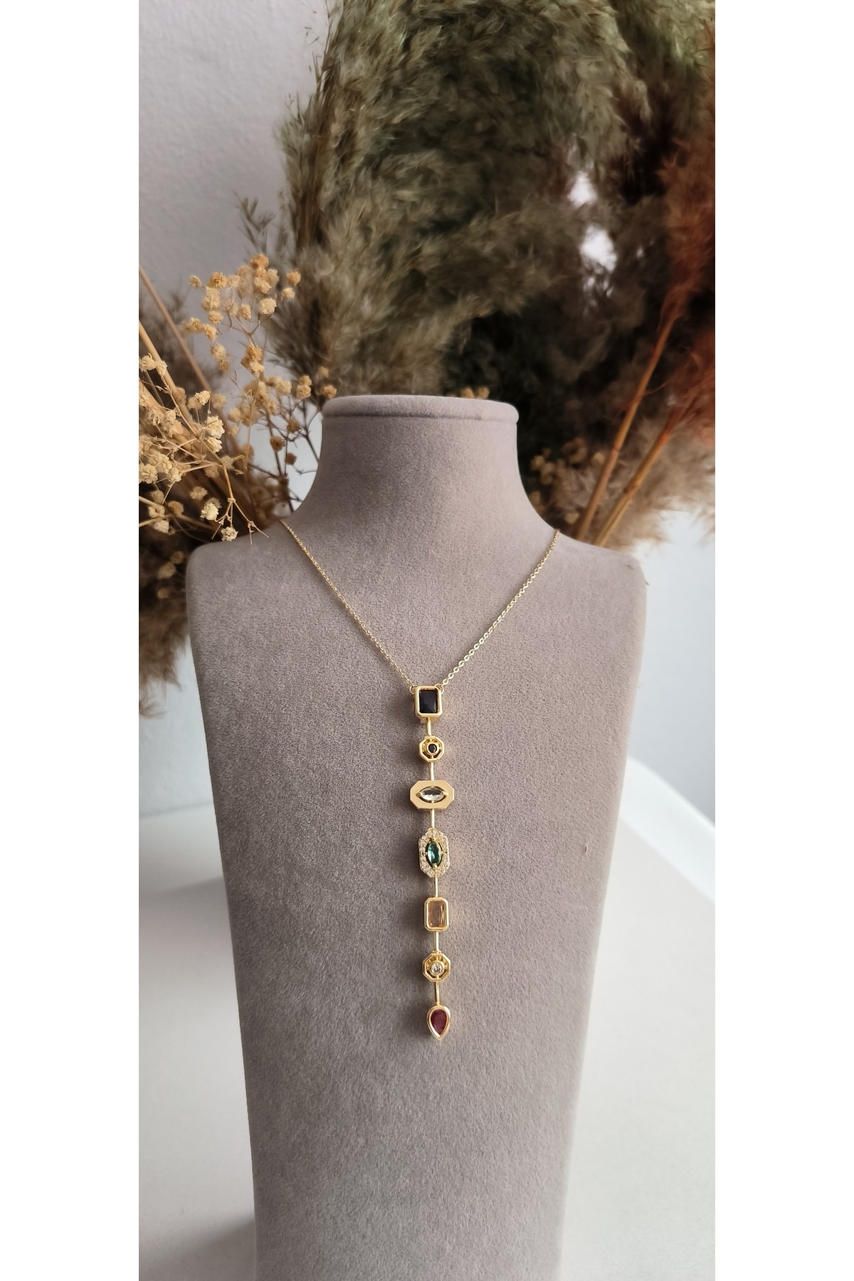 Vip Renkli Taşlı Y Model Kolye Kararmaz 14K Rengindedir 47 +5cm