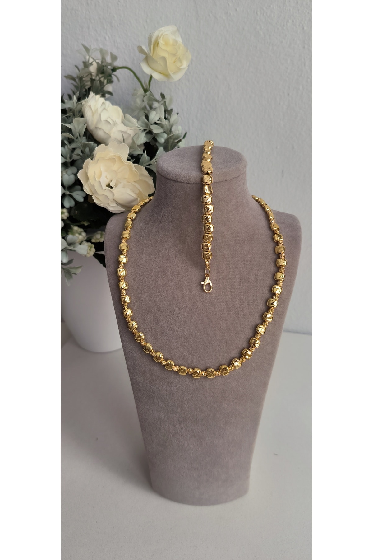 Altın Kaplama Kare Dorika Set Kararmaz kolye (45 +5cm) Bileklik (18 +4)