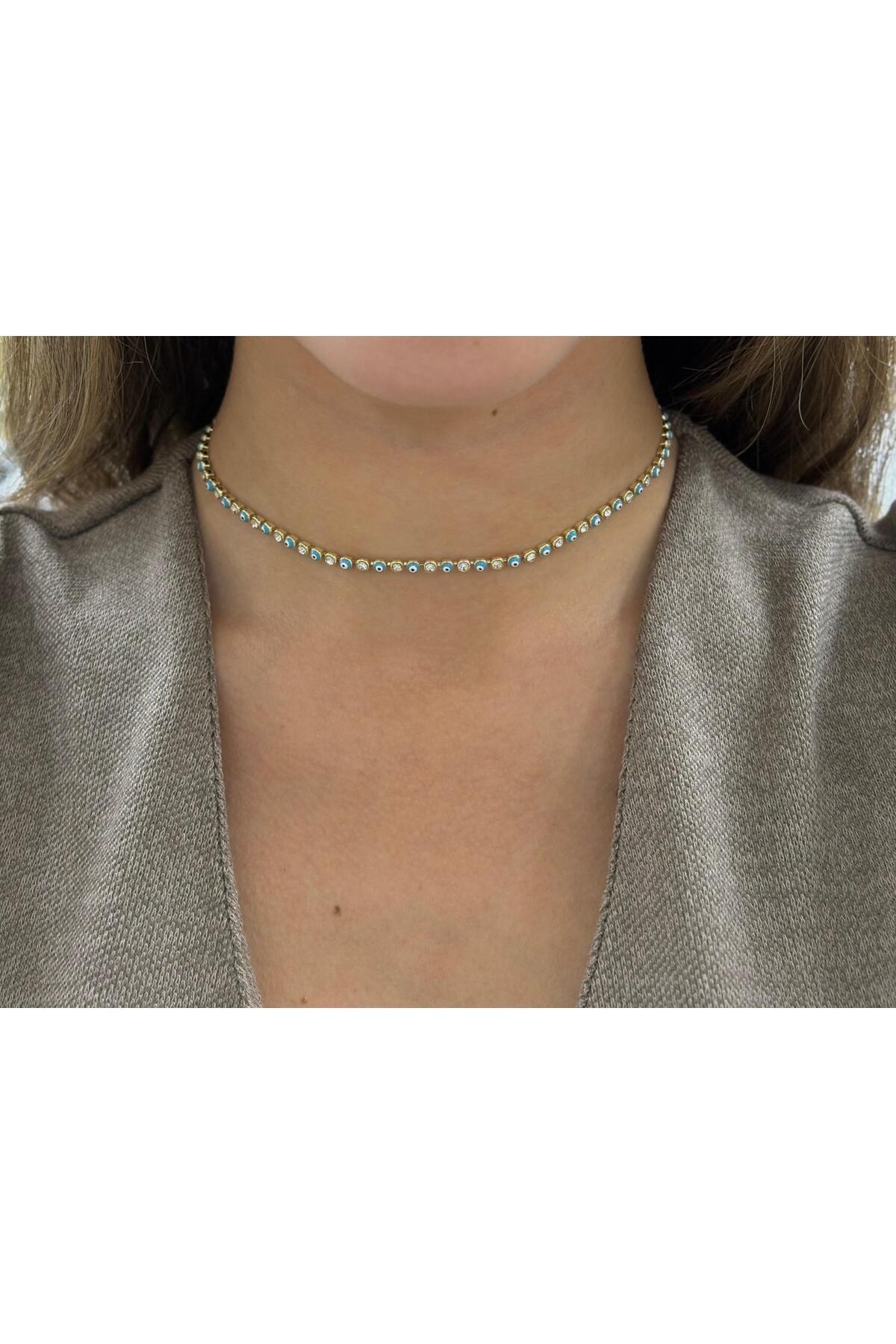 Altın Kaplama Nazar Boncuklu Asansörlü Kolye 31 +21cm ayarlanabilir