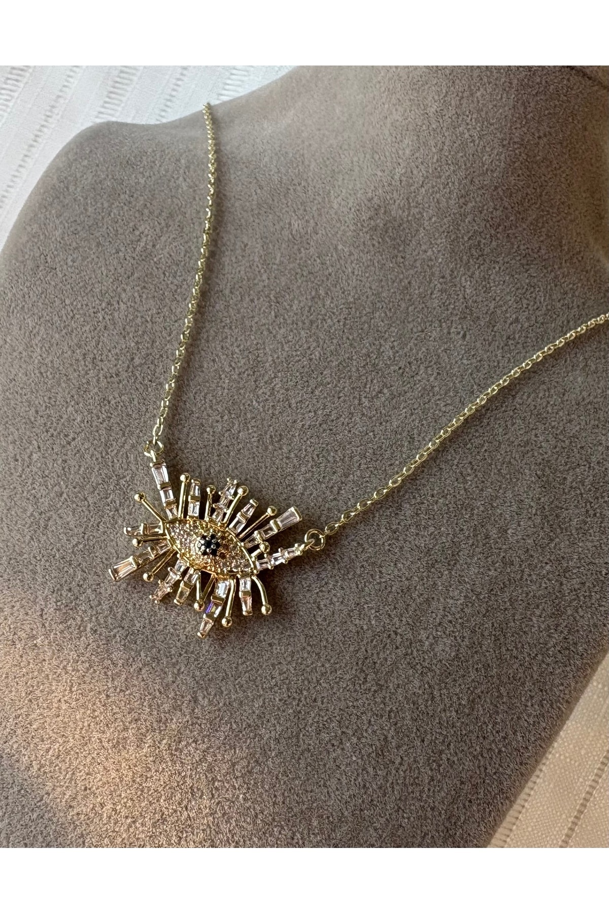 2Nolu Altın Kaplama Göz Detay Taşlı Kolye Kararmaz 14K Rengindedir 54 cm