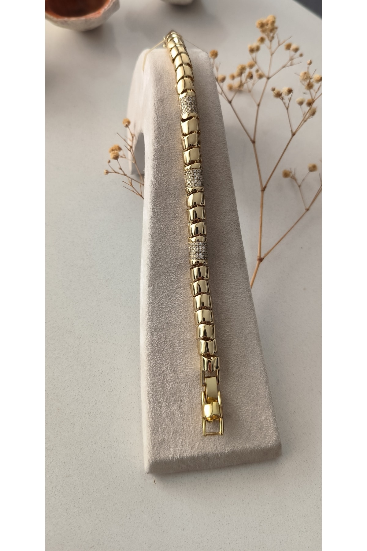 Vip Zirkon Taşlı Boru Plaka Model Bileklik Kararmaz 14K Rengindedir 17 +1,5cm