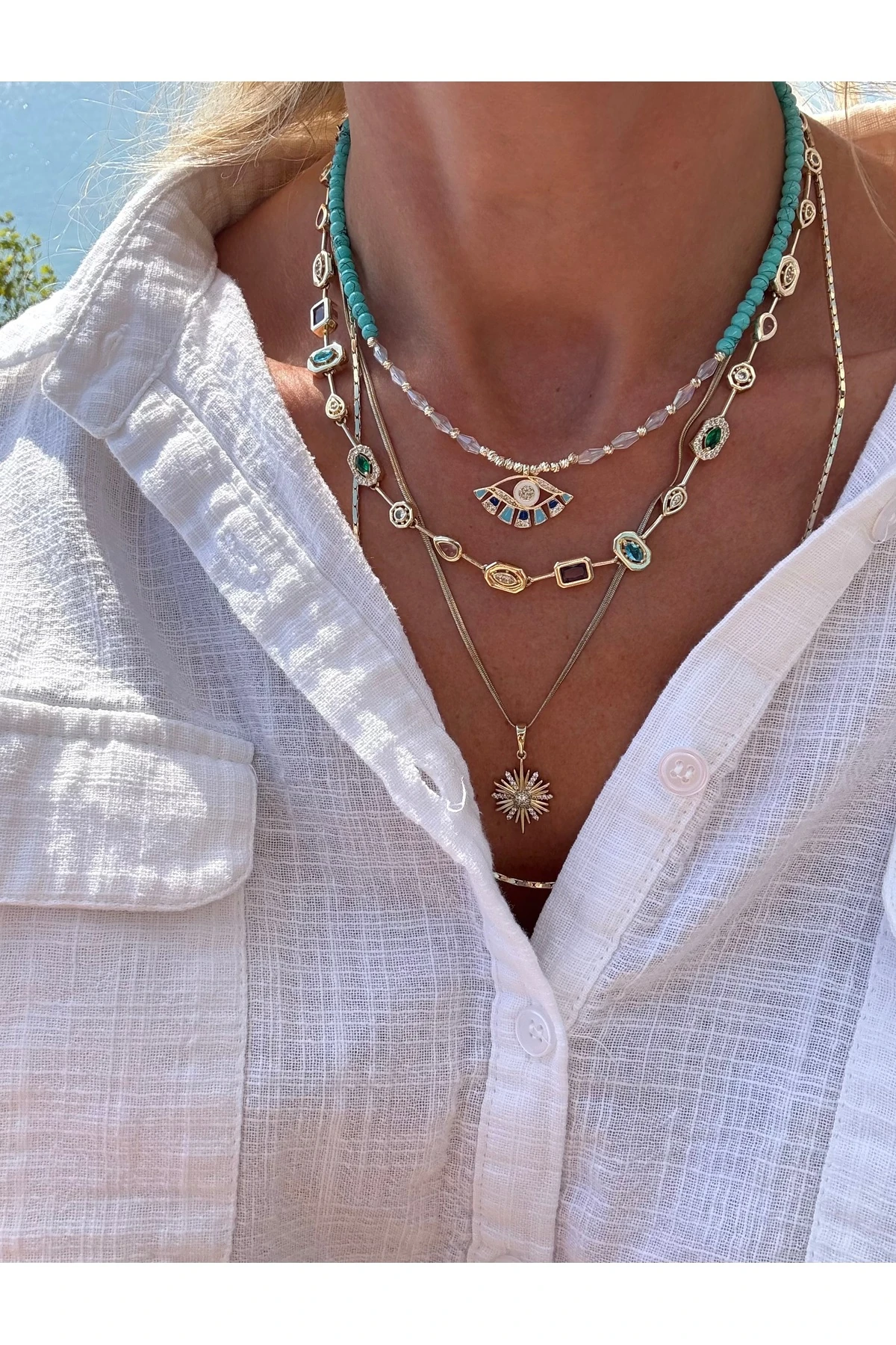 Mavi Boncuklu Göz Detaylı Kolye 40 +5 cm