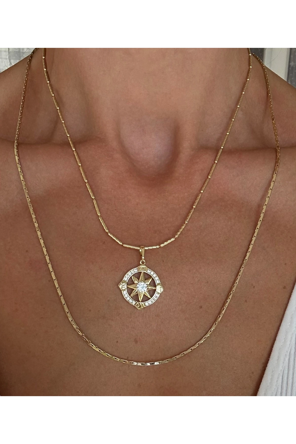 Altın Kaplama Çubuk Dorika Kutup Yıldızı Kolye Kararmaz 14K Rengindedir 45 cm